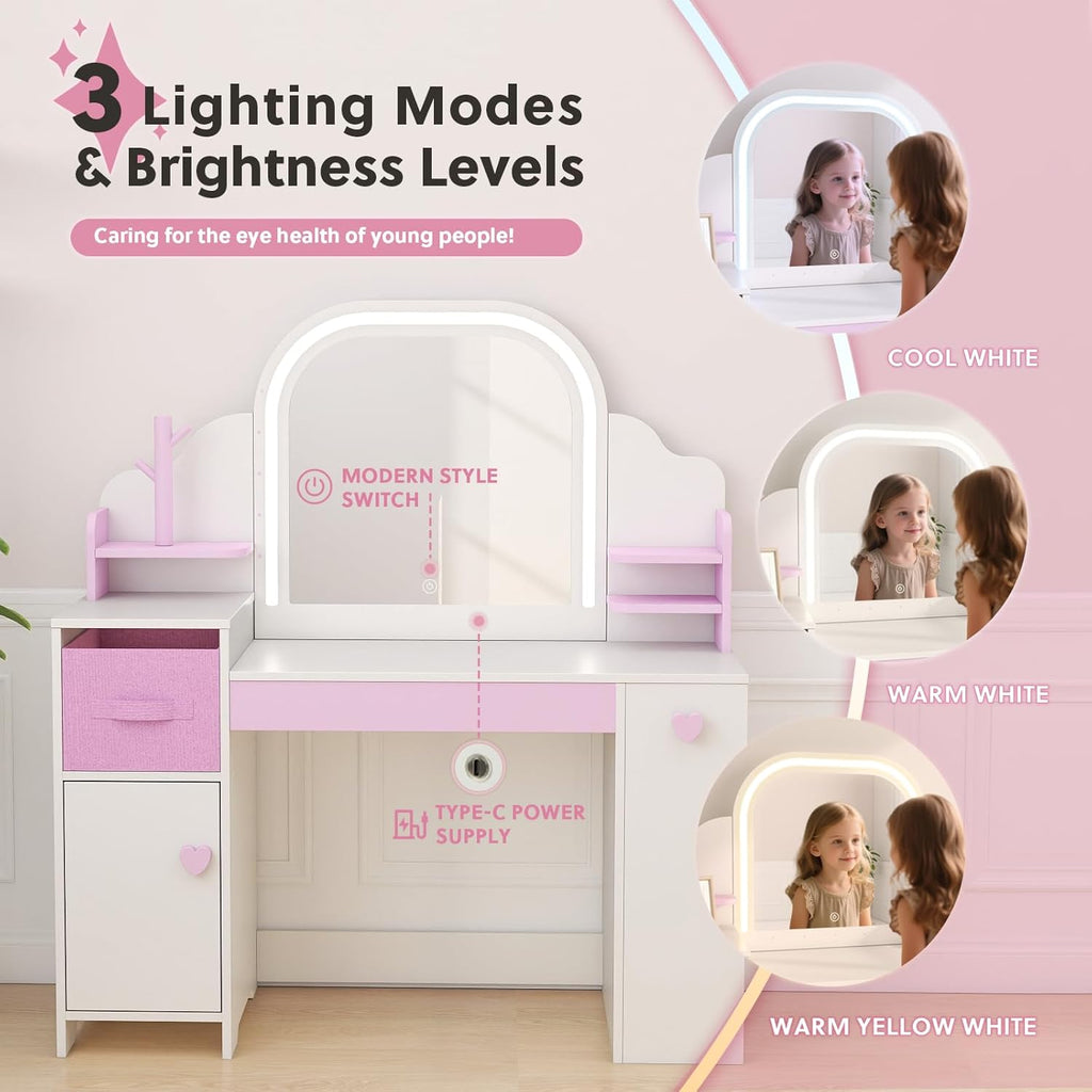 Kids Vanity with Lights and Chair, Princess Makeup Vanity Desk with Mirror Bookshelf Storage Cabinet,3 in 1 Toddler Vanity Table,Children Makeup Dressing Table,Pretend Play Vanity Set for Little Girl