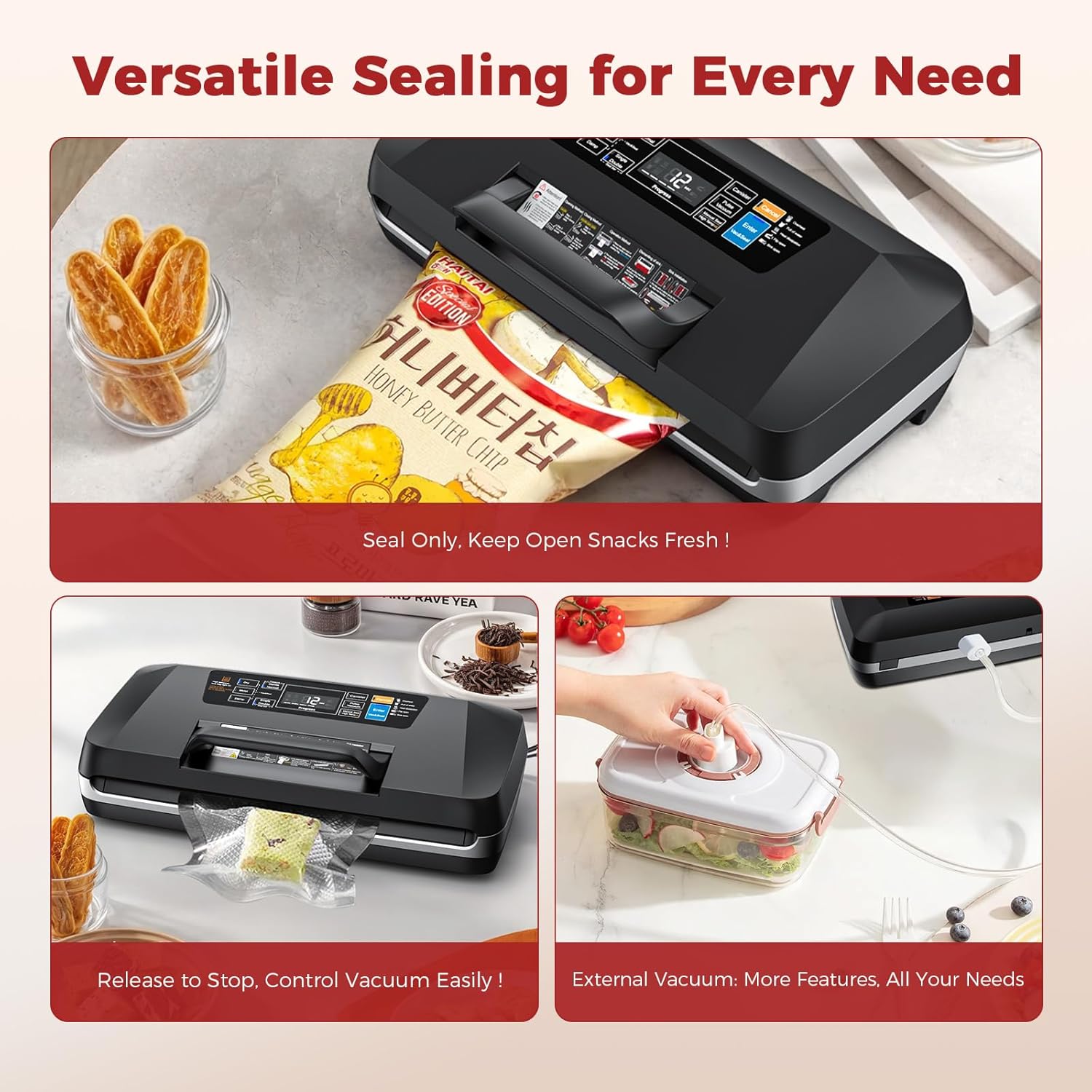 Commercial 95kPa Food Vacuum Sealer Machine | Automatic 10-in-1 Food Sealer for Sous Vide, Meal Prep & Storage | Powerful 230W Motor, Double Heat Seal, Built-in Cutter & Starter Kit