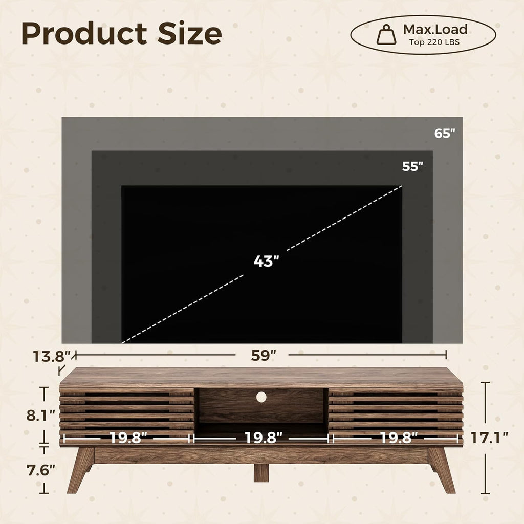 AODK 59" TV Stand for 55"/60"/65" TVs, Mid-Century Modern Fluted Entertainment Center with Sliding Doors, Storage Cabinets & Media Console Table, Living Room & Bedroom, Walnut