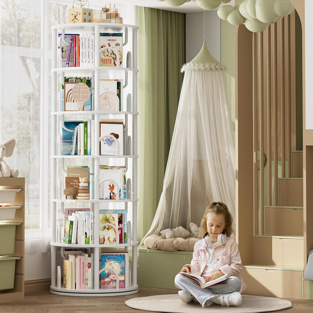 Aheaplus 6 Tier Rotating Bookshelf Tower, Revolving Bookcase, 360° Round Spinning Book Shelf, Narrow Swivel Bookshelves Vertical Rolling Turning Corner Bookshelf Organizer for Small Space, White