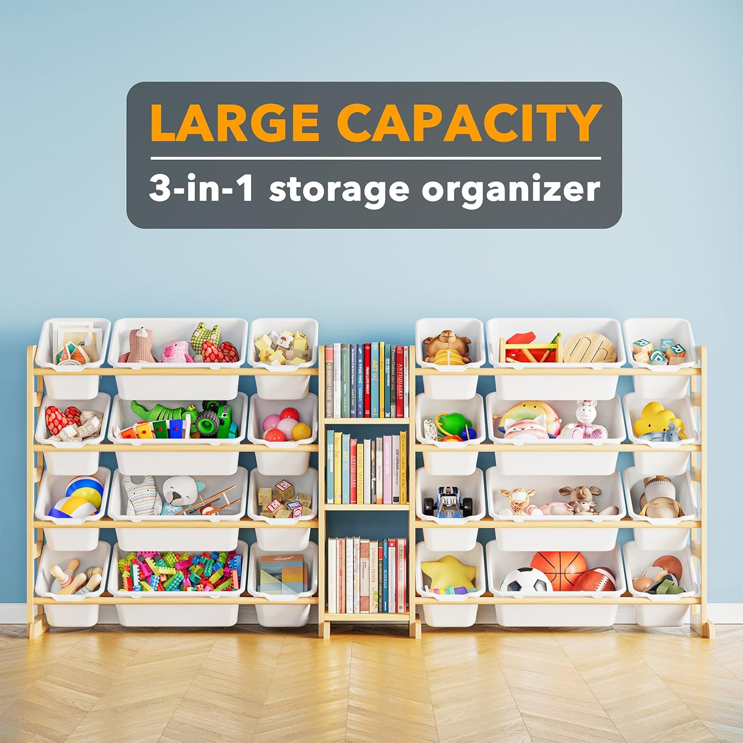 SpaceAid Large Toy Storage Organizer with 24 Bins and 3 Shelves, Toy Organizers Storage Bookshelf, Kids Bin Shelf Box Bookcase for Bedroom Playroom Organization Room Decor, White