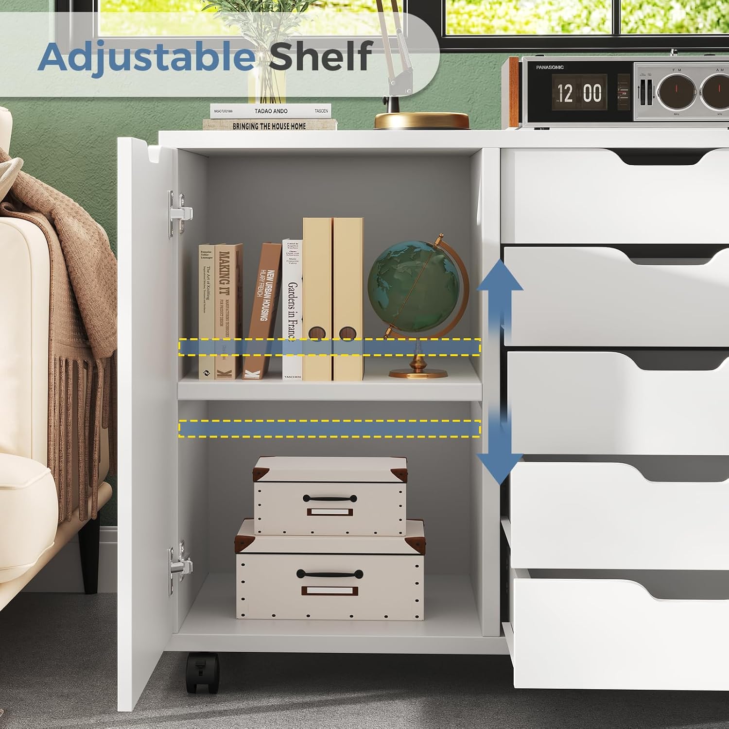 DUMOS 5 Drawer File Cabinet Office Drawers Organizer with Wheels Rolliing, Under Desk Cabinets with Shelves and Door Printer Stand with Wood Board Metal Frame for Home Office Storage Craft Room, White