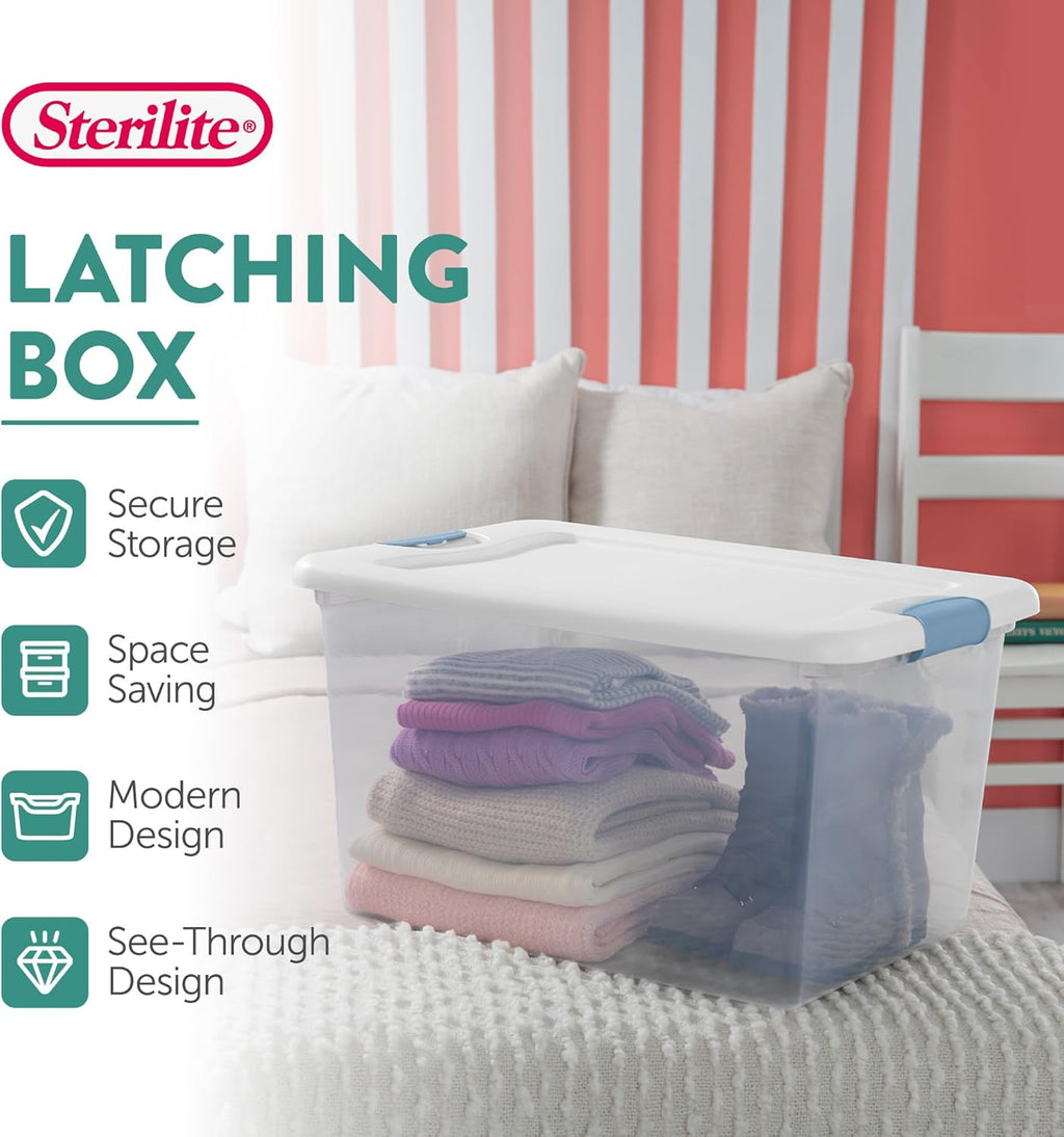 Sterilite 8-Pack 64 Quart Latching Box, Clear Plastic Storage Organizer Bins with White Lids - Large Stackable Containers for Home Bedroom, Dorm Room, and Closet Organization