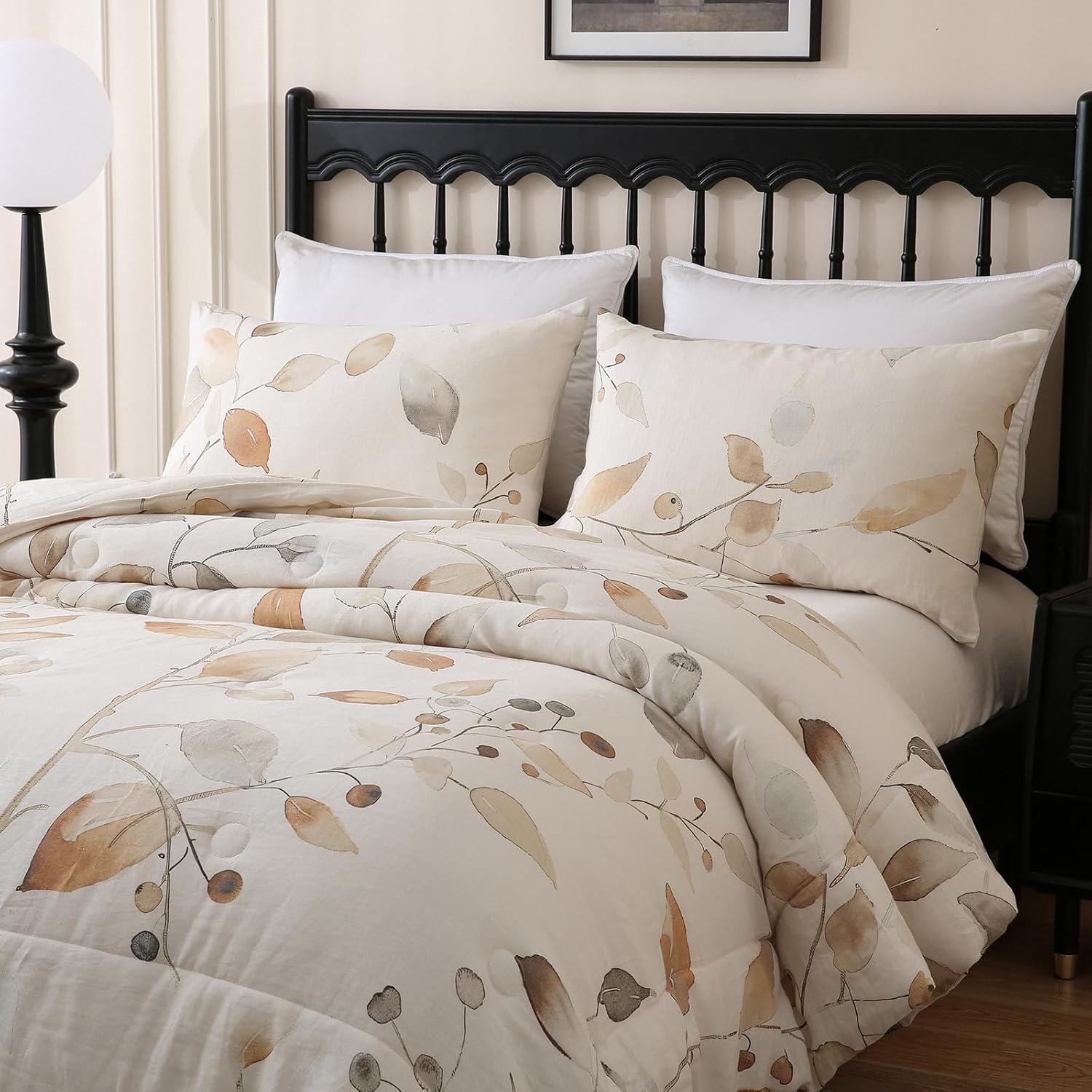 Merryword Linen Leaves Comforter Set Queen Size 3 Pieces Natural French Flax Linen Bedding Soft Breathable Moisture Wicking Comfy