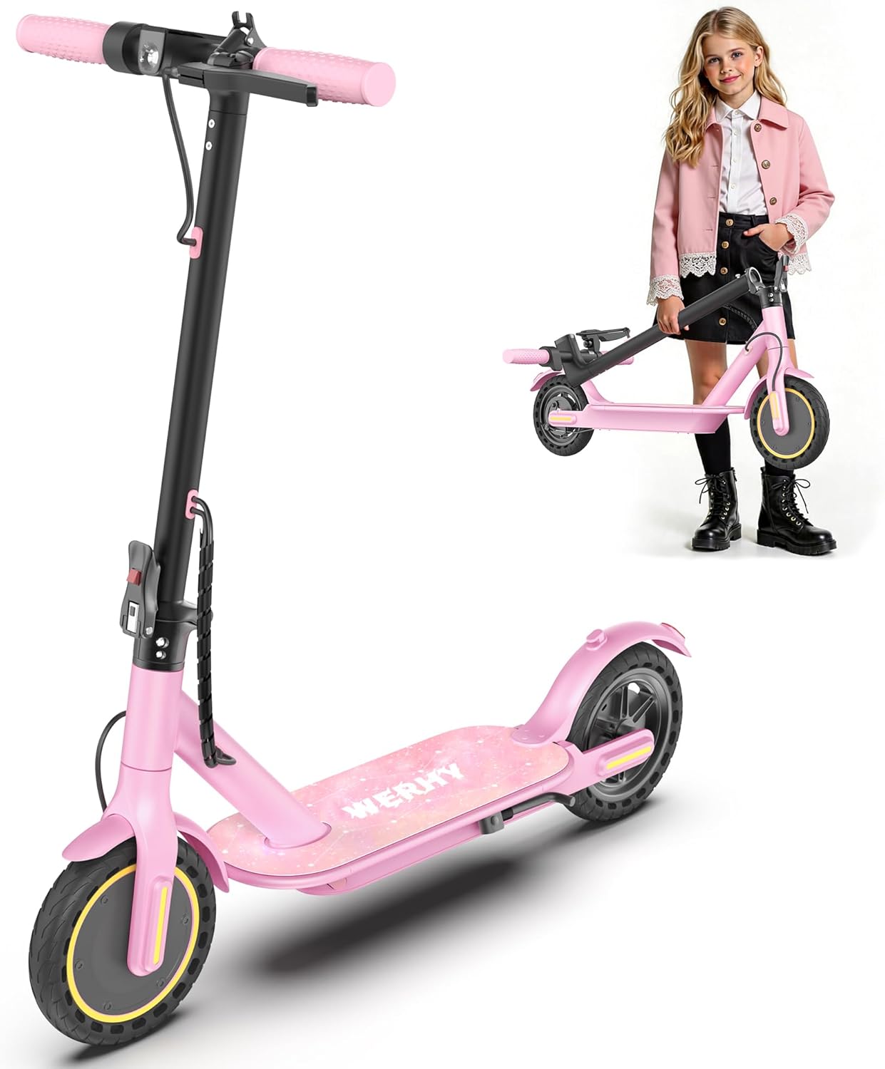 WERHY Foldable Kids Electric Scooter, 350W Motor, Max 12/16Miles Long Range, 19 MPH Max Speed, 8.5" Solid Tire, Lightweight Foldable E-Scooter with Dual Braking, Digital Display, Cruise Control