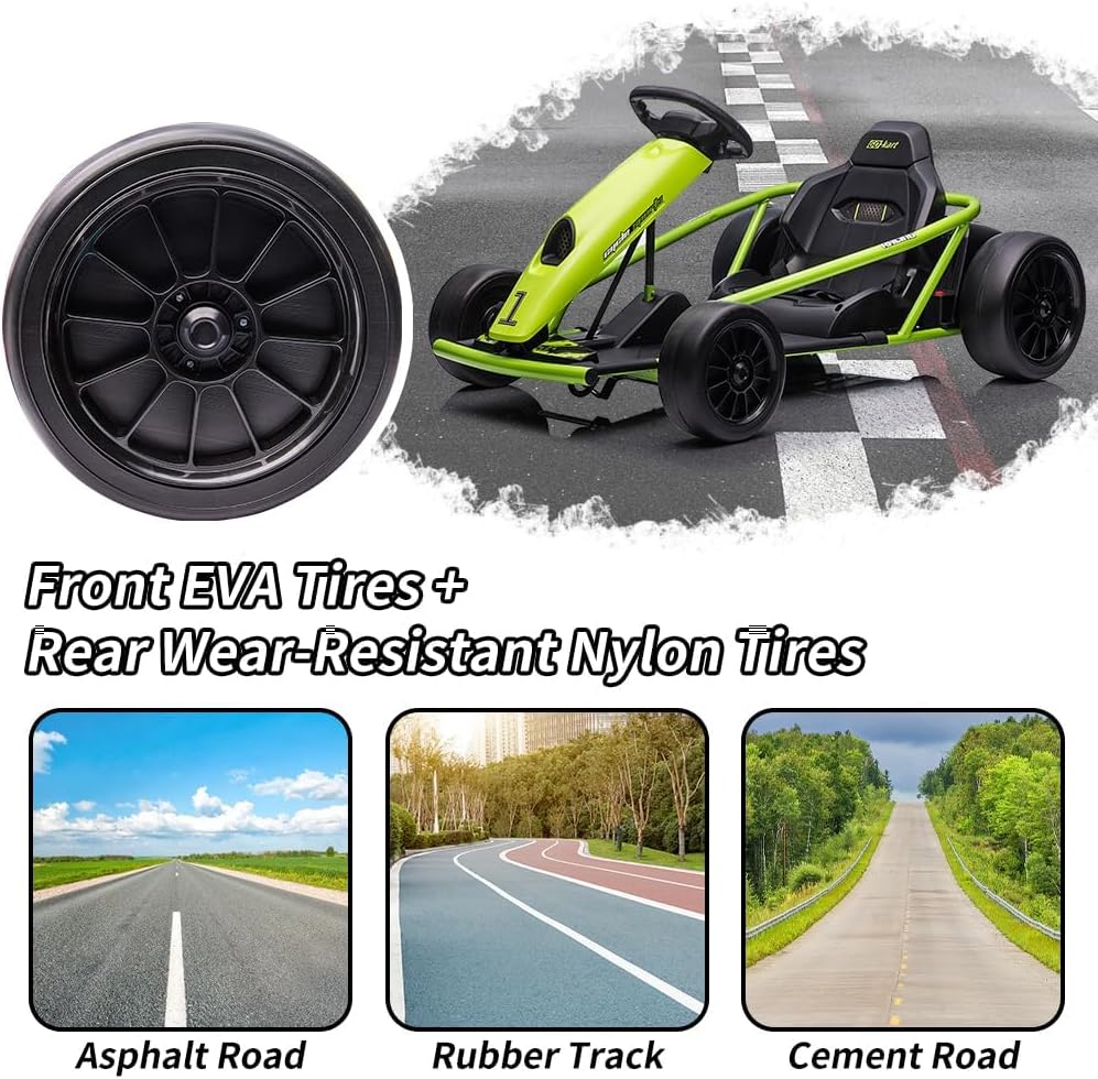 24V Go Kart for Kids 8-12 Years, 300W*2 Extra Powerful Motors, 9Ah Large Battery 8.1MPH High Speed Drifting with Music, Horn,Max Load 155lbs Outdoor Ride On Toy for Teens (Green)
