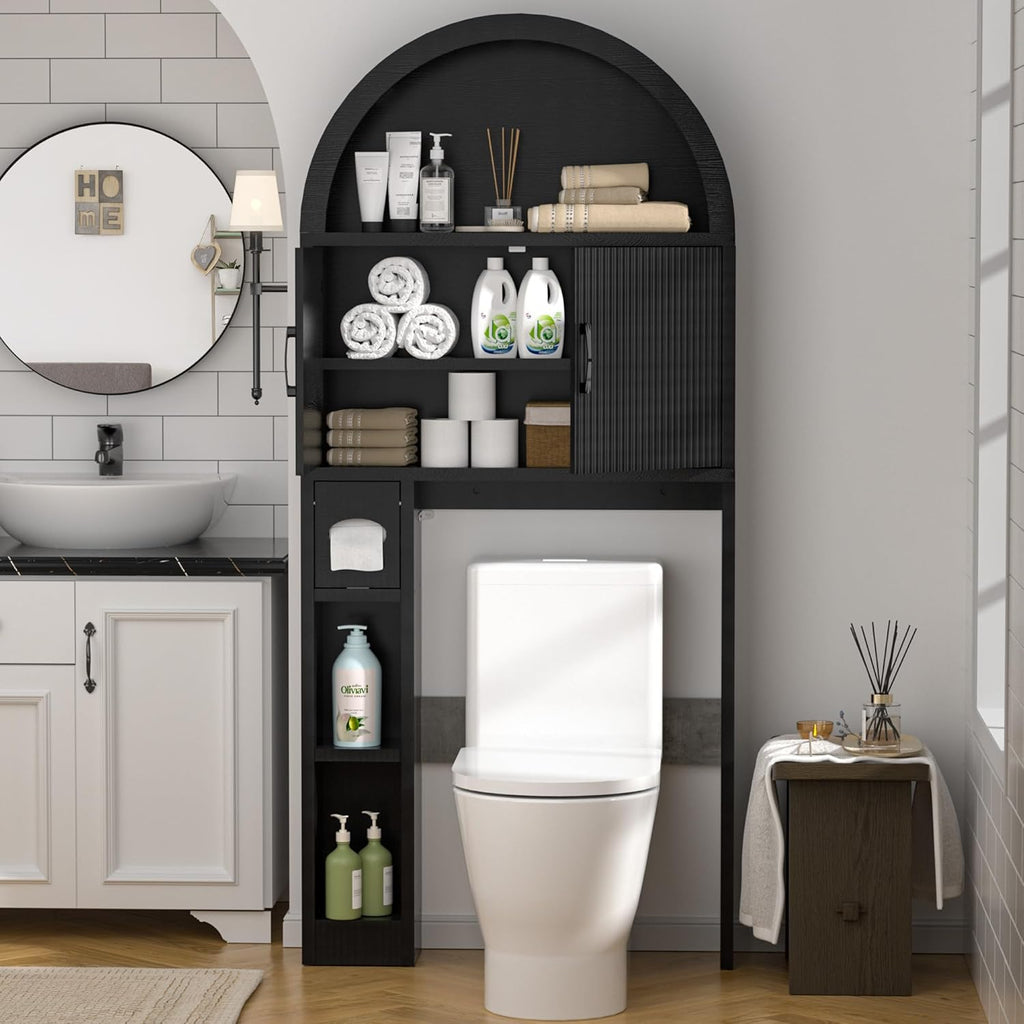 Spurgehom Over The Toilet Storage Cabinet, Bathroom Shelf Organizer Freestanding, Bathroom Arch Cabinet Over Toilet with Toilet Paper Holder and Anti-Tipping Device, Black