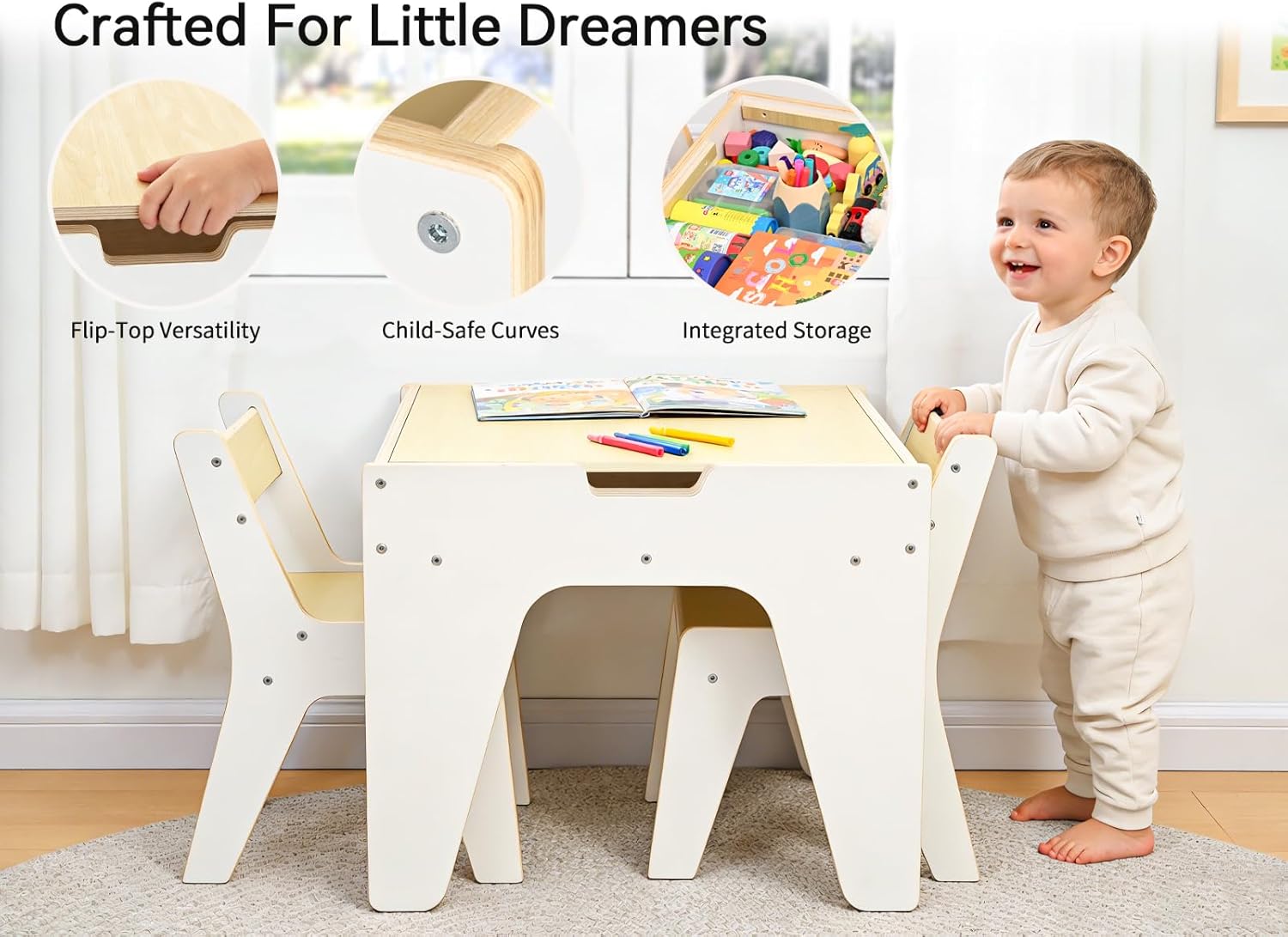 WINGYZ 4-in-1 Wooden Kids Activity Table and 2 Chairs, Ages 2-12 & 4-8 Building Blocks Construction Sensory Table with Storage, Spacious Kids Learning Desk