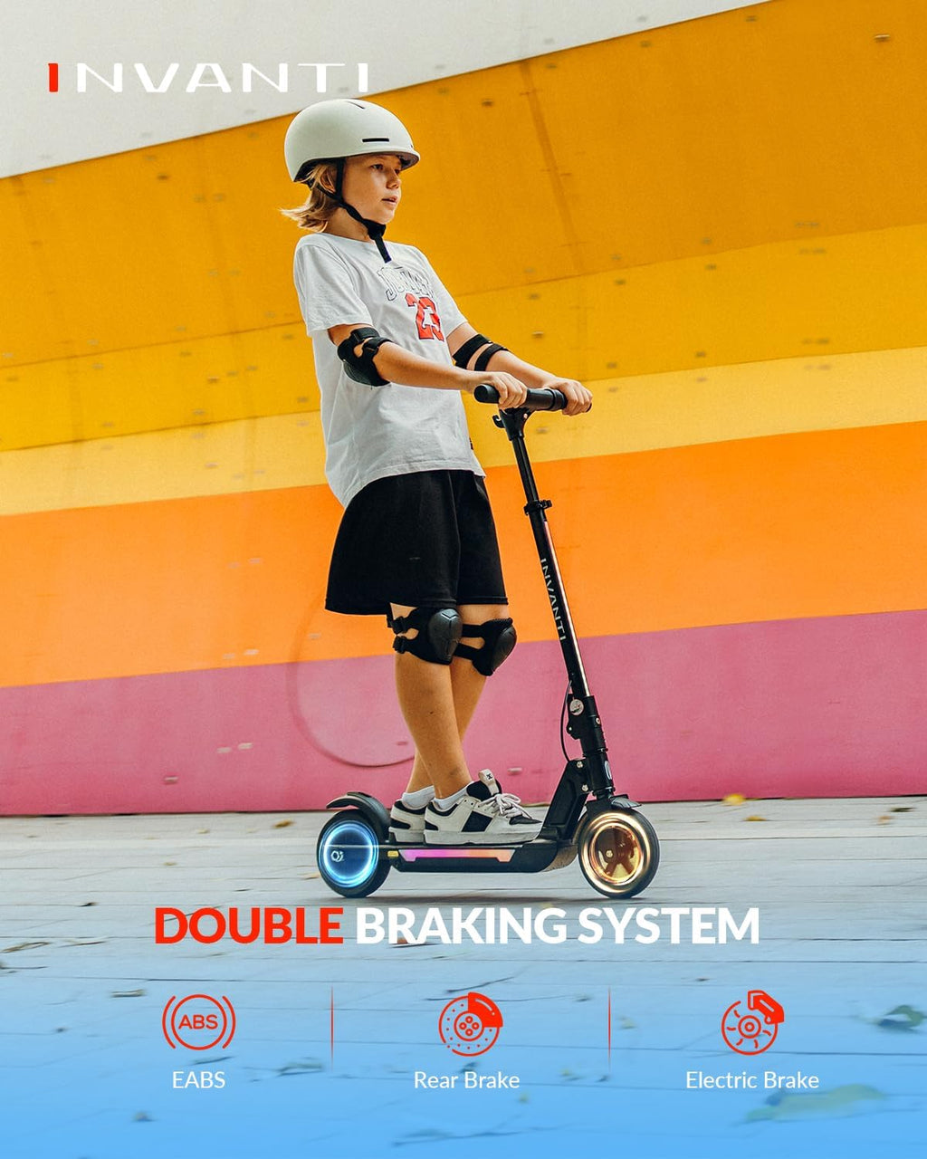 INVANTI KS03 Electric Scooter for Kids Ages 8+, 350W Peak Motor, Max 12mph & 10Miles, 7" Solid Wheel, LED Lights & Display, Double Braking, Kids Electric Scooter with 3 Adjustable Speeds & Heights