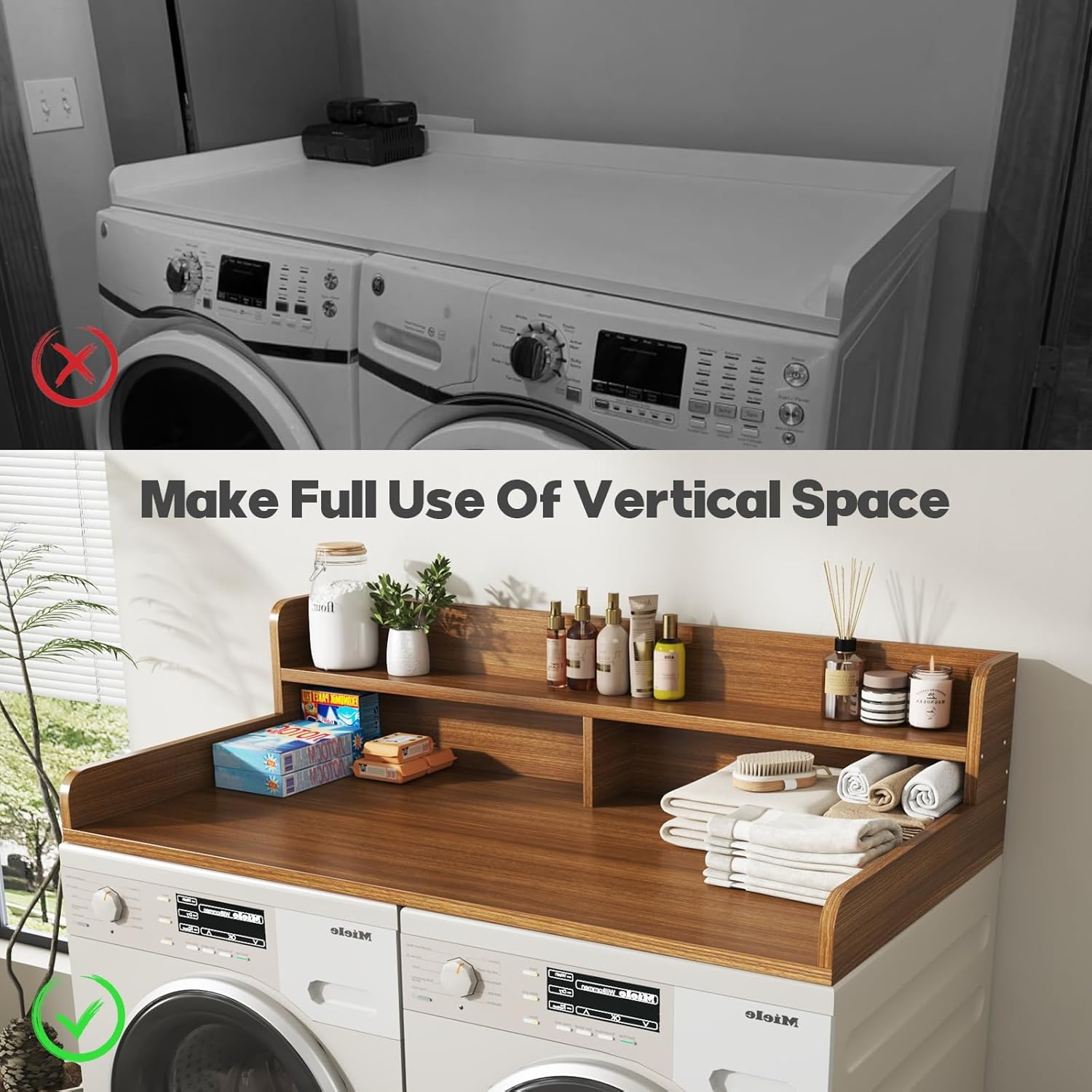 2-Tier Washer and Dryer Countertop with 2.75" H Guard,54" W x 27.5" D Laundry Countertop Cover with Non-Slip Pad,Large Space Laundry Topper for Folding Clothes Over Washer and Dryer-Brown