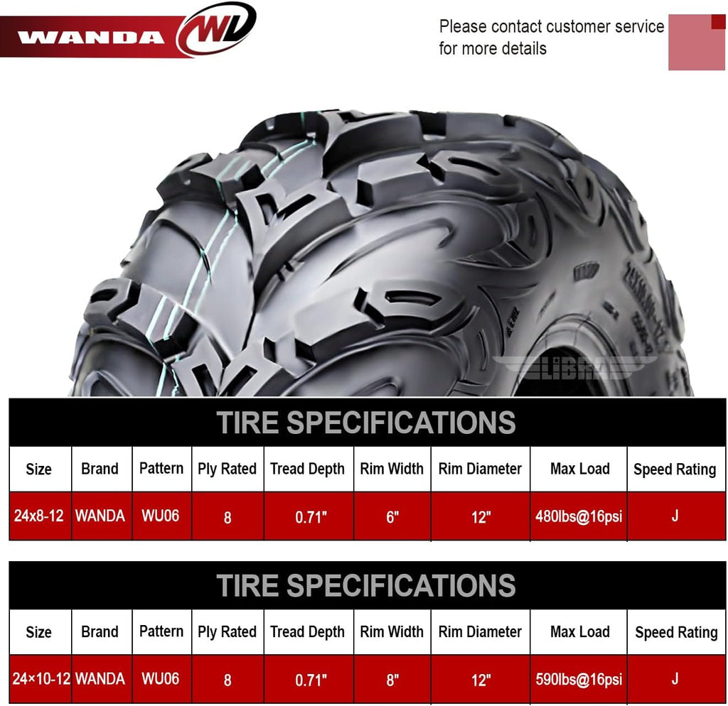 WANDA Set 4 Premium 8PR ATV UTV Tires 24X8-12 24x8x12 Front & 24x10-12 24x10x12 Rear