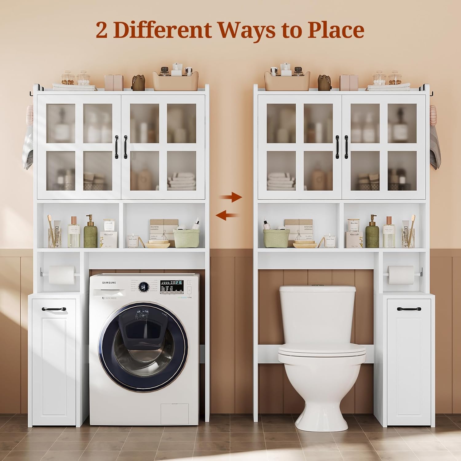 UPOSOJA Over The Toilet Storage Cabinet with Pulley Small Bathroom Storage Cabinet, Space Saver W/Adjustable Shelf & Glass Doors for Bathroom, Restroom, Laundry (Frosted Mirror-Type B)