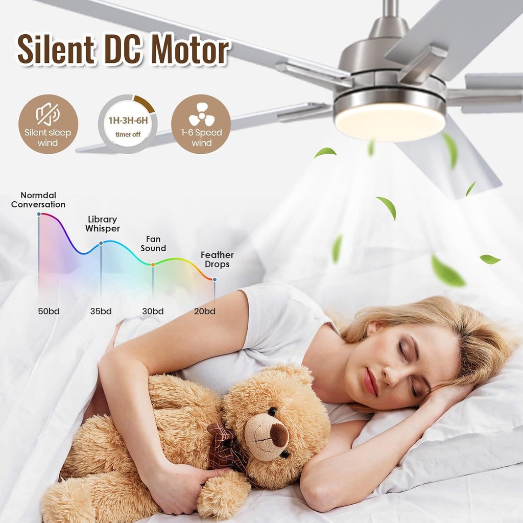 Ceiling Fans with Lights, 52 inch Brushed Nickel Ceiling Fans with Lights and Remote Control, Reversible, 3CCT, Dimmable, Noiseless, Downrod, Modern Ceiling Fan for Bedroom, Indoor/Outdoor Use