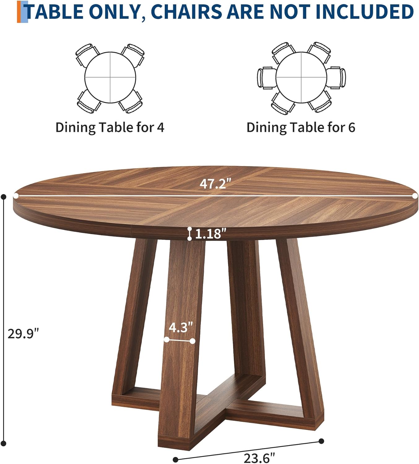 Garvee Round Dining Table for 4-6 People, 47" Modern Circle Dinner Table with Wooden Cross Pedestal Base for Living Room, Kitchen, Walnut Brown