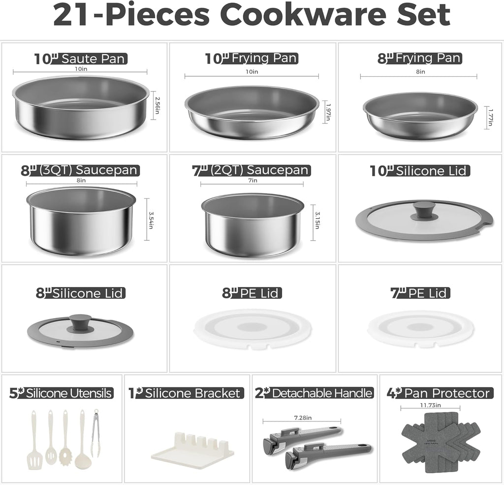 Sanho 21-Piece Pots and Pans Set, Healthy Ceramic Nonstick Cookware with Detachable Handles, Non-Toxic 4-Layer Stainless Steel & Aluminum Core, Induction RV Kitchen Set, Dishwasher & Oven Safe, Gray