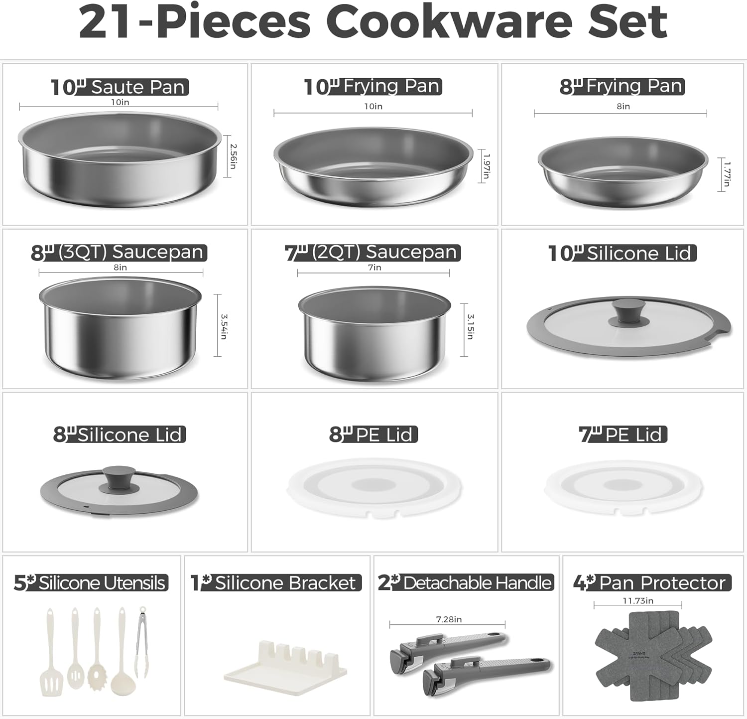 Sanho 21-Piece Pots and Pans Set, Healthy Ceramic Nonstick Cookware with Detachable Handles, Non-Toxic 4-Layer Stainless Steel & Aluminum Core, Induction RV Kitchen Set, Dishwasher & Oven Safe, Gray