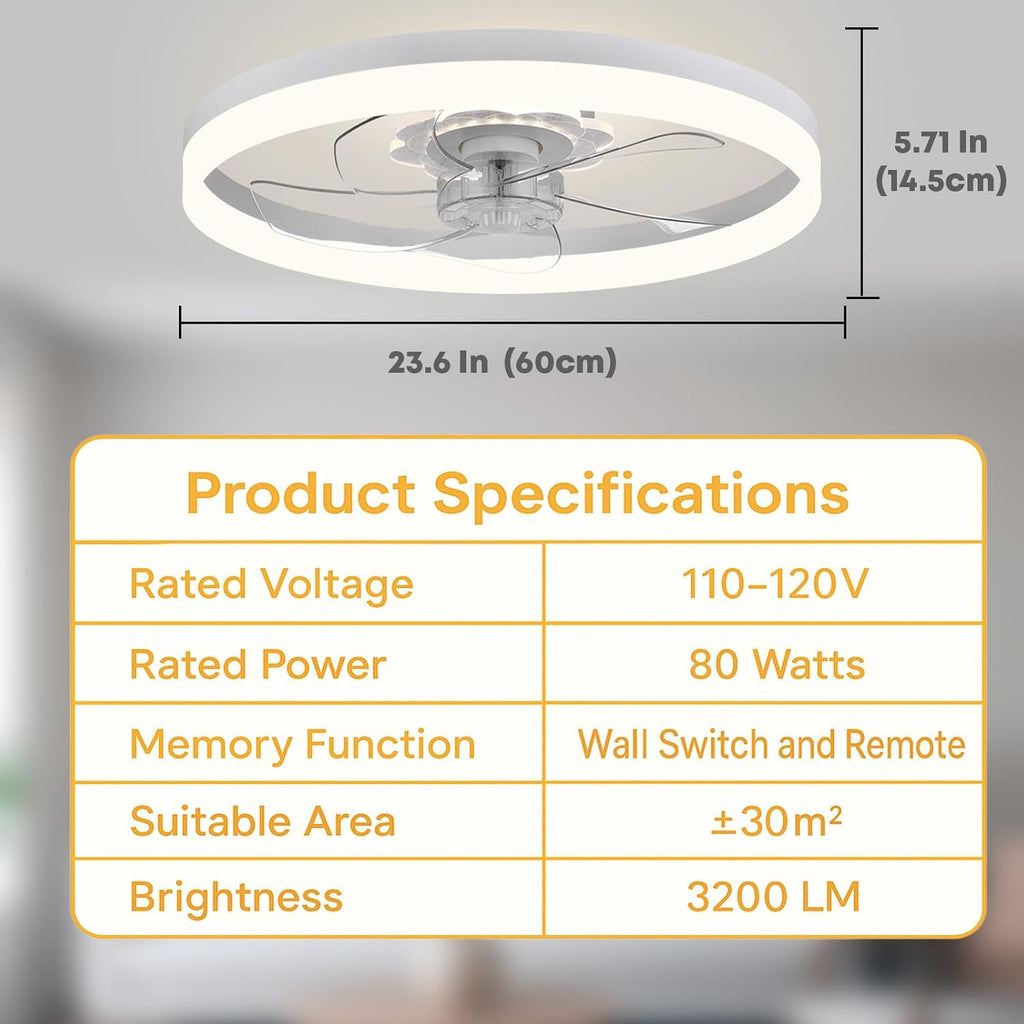 Fszdorj 23.6'' Ceiling Fan with Light, Upgraded Low Profile Fan, Flush Mount Ceiling Fan, 6 Speeds, Dimmable LED, App & Remote Control, Quiet DC Motor, for Bedroom, Living Room, F115 White