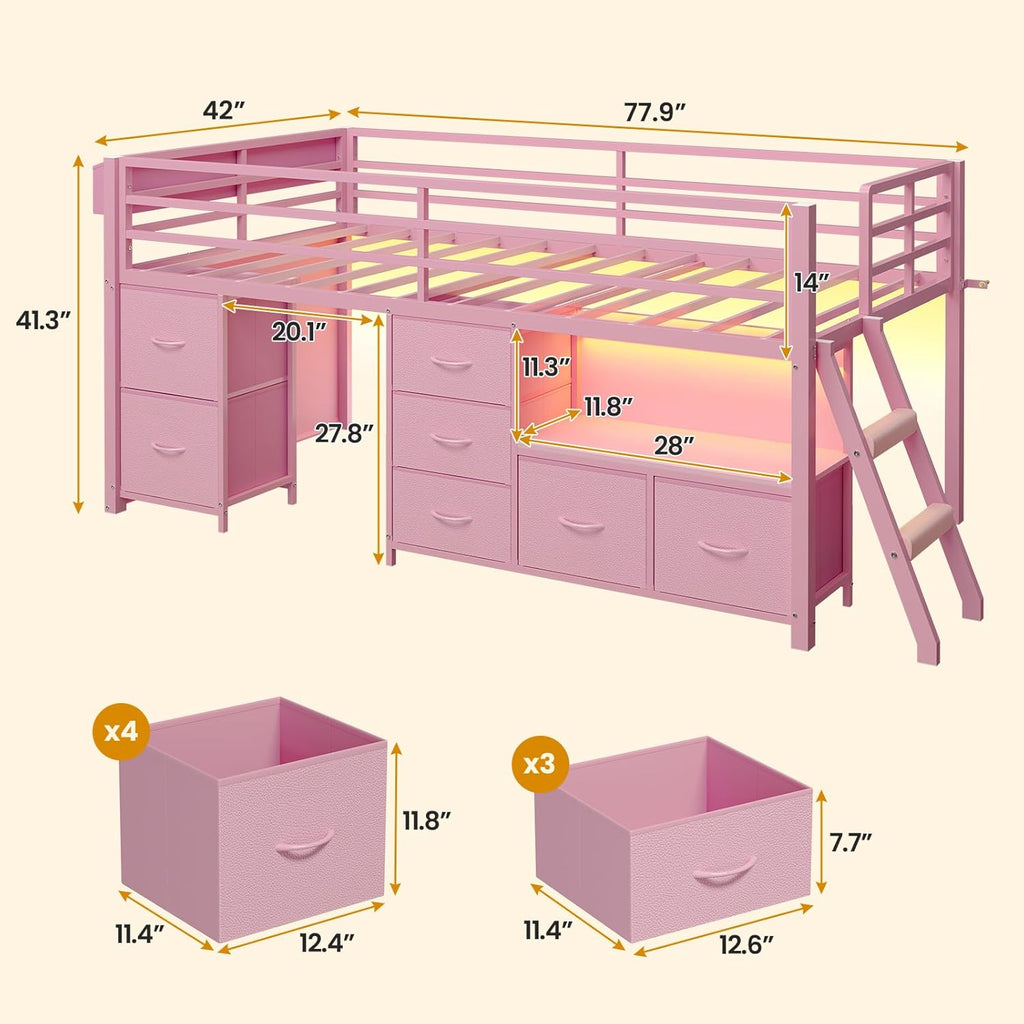 ADORNEVE Low Loft Bed Twin Size with 7 Storage Drawers, Bookcase and LED Lights, Metal Kids Loft Bed with 14" H Safety Guardrail,Inclined Ladder and Play Curtain, Under-Bed Play Space,Pink