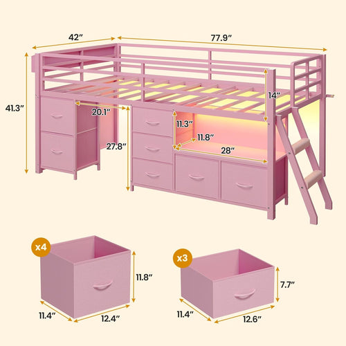 ADORNEVE Low Loft Bed Twin Size with 7 Storage Drawers, Bookcase and LED Lights, Metal Kids Loft Bed with 14" H Safety Guardrail,Inclined Ladder and Play Curtain, Under-Bed Play Space,Pink
