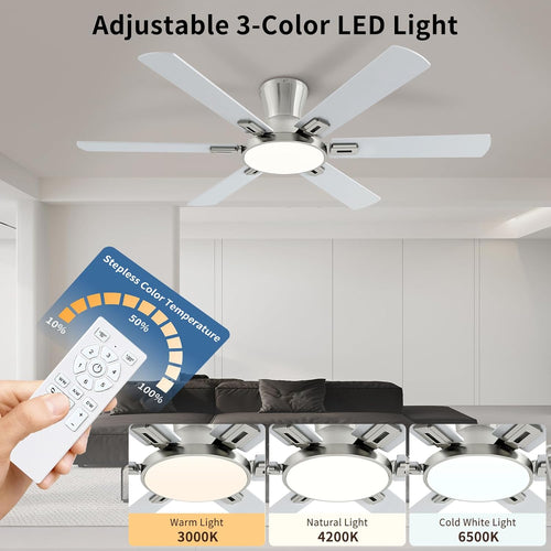 52 Inch Brushed Nickel Ceiling Fans with Lights and Remote,Flush Mount Low Profile 6 Blades Ceiling Fan with 10 Inch Lighting Fixture,Quiet Reversible DC Motor for Living Room,Bedroom and Patio