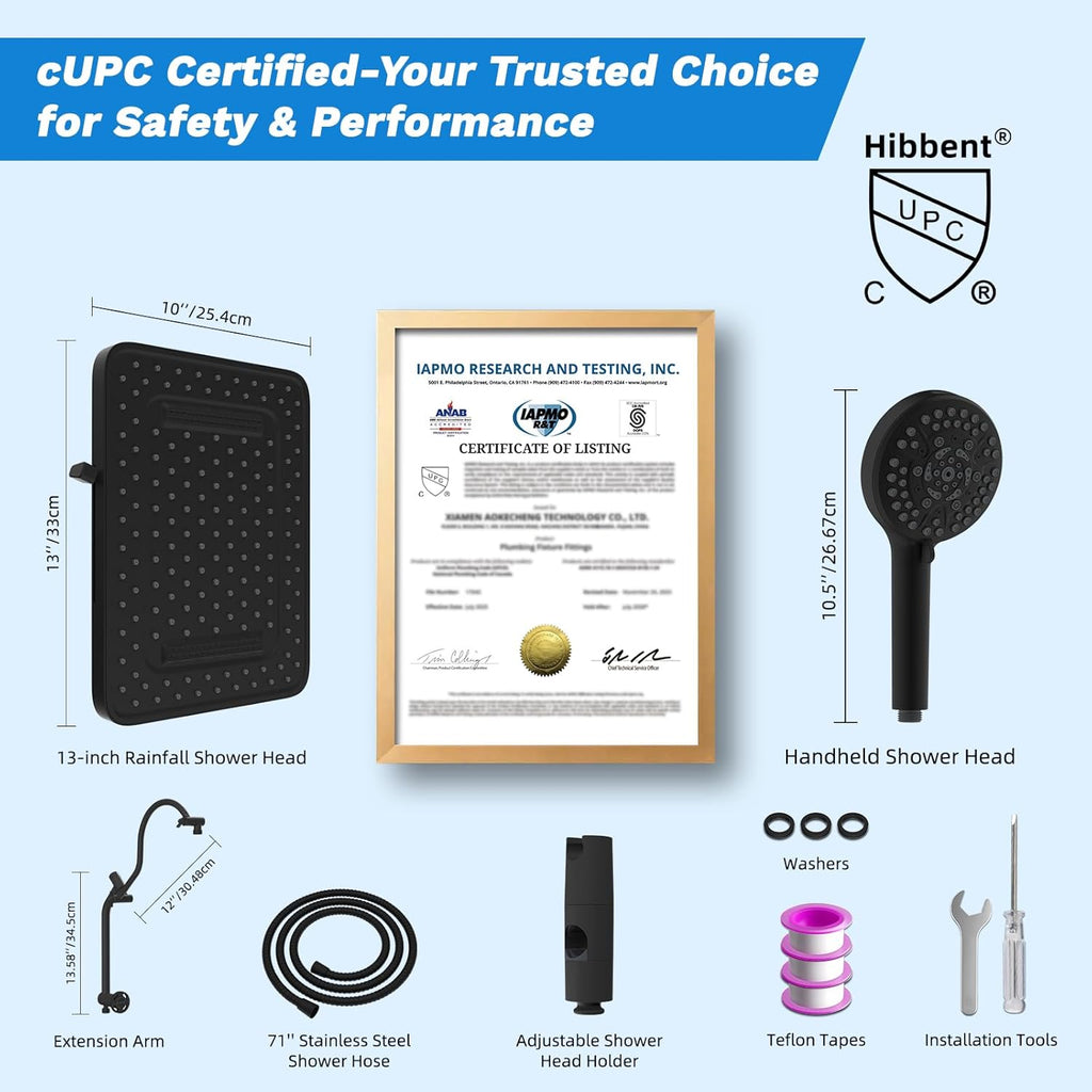 Hibbent cUPC Certified 13'' Shower Head Combo, High Pressure 5 Spray Rainfall Showerhead, 10 Spray Mode Handheld, All Metal Easy Reach 4-way Diverter Arm with Pause Mode, 71'' Hose and Holder, Black