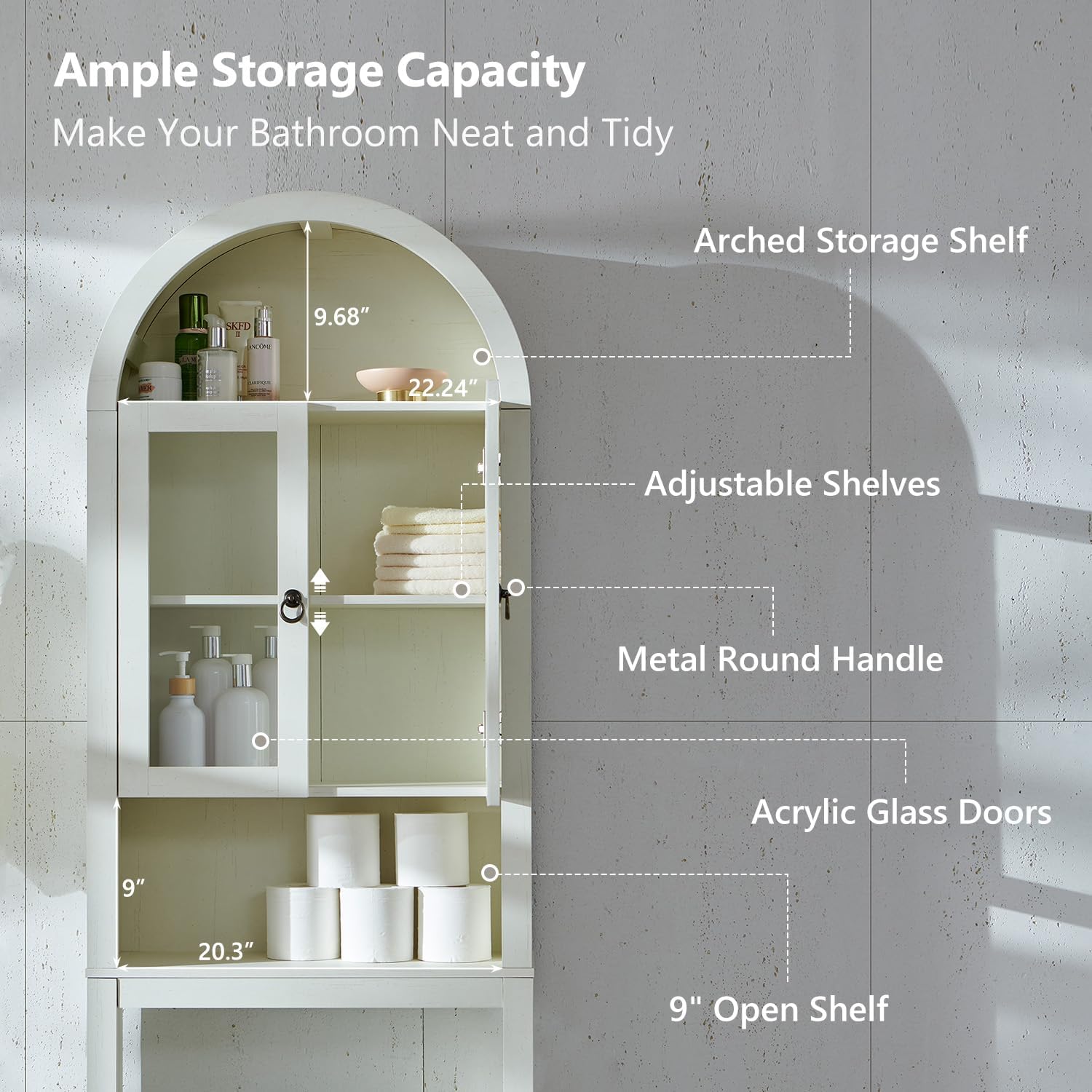 IFGET Arched Over The Toilet Storage Cabinet with Acrylic Doors, Modern Over Toilet Bathroom Organizer Shelf, Small Wooden Bathroom Storage Cabinet with Adjustable Shelf, Space Saver, Antique White