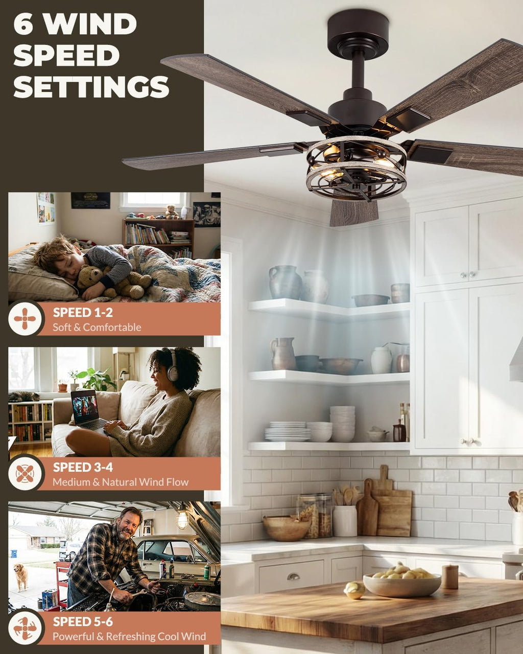 2-Pack 42 Inch Ceiling Fans with Lights, Remote Control Low Profile Flush Mount Ceiling Fan for Living Room Bedroomm, 6 Speeds Bladeless Caged Farmhouse LIghts, Quiet and Reversible DC Motor, Walnut
