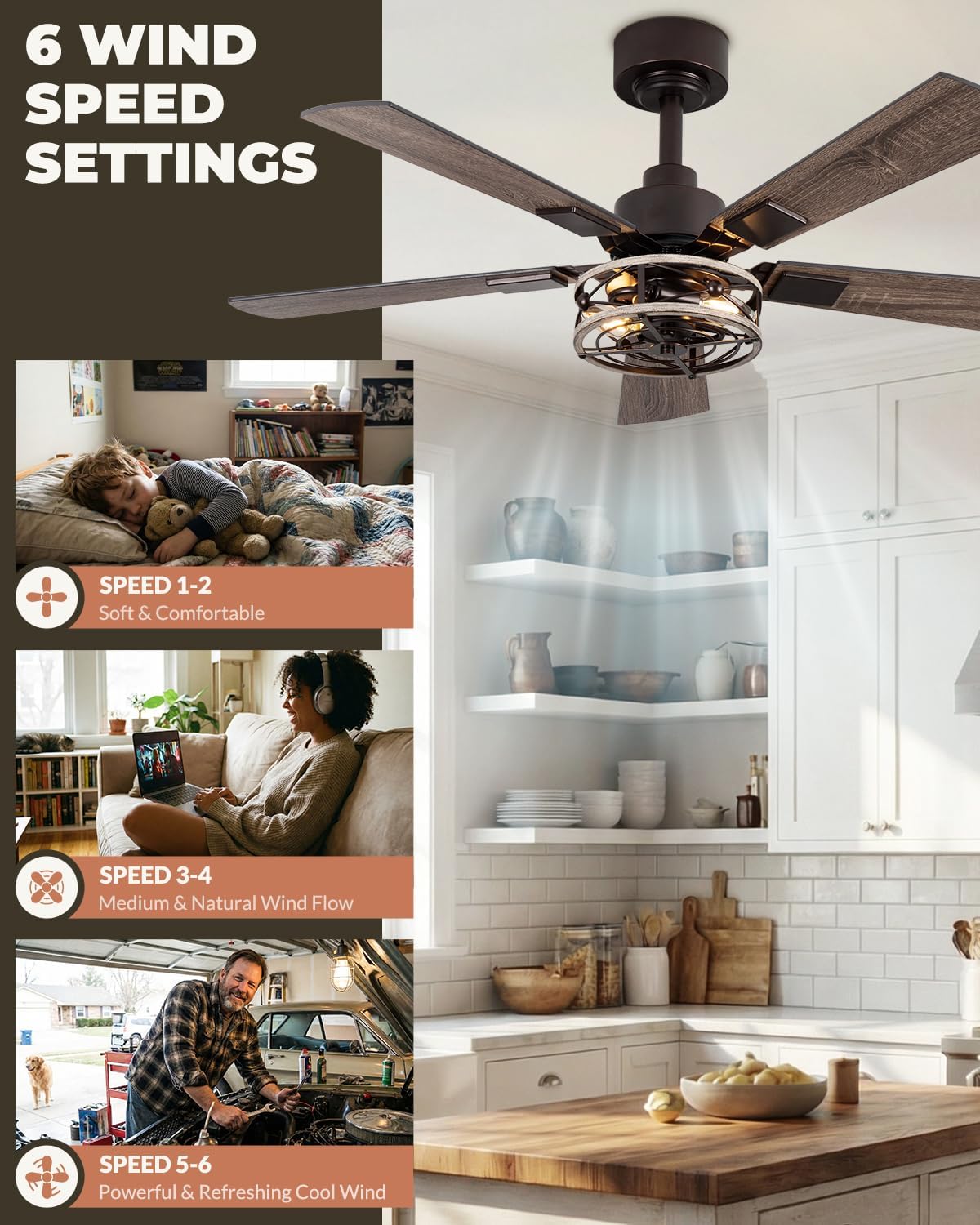 2-Pack 42 Inch Ceiling Fans with Lights, Remote Control Low Profile Flush Mount Ceiling Fan for Living Room Bedroomm, 6 Speeds Bladeless Caged Farmhouse LIghts, Quiet and Reversible DC Motor, Walnut