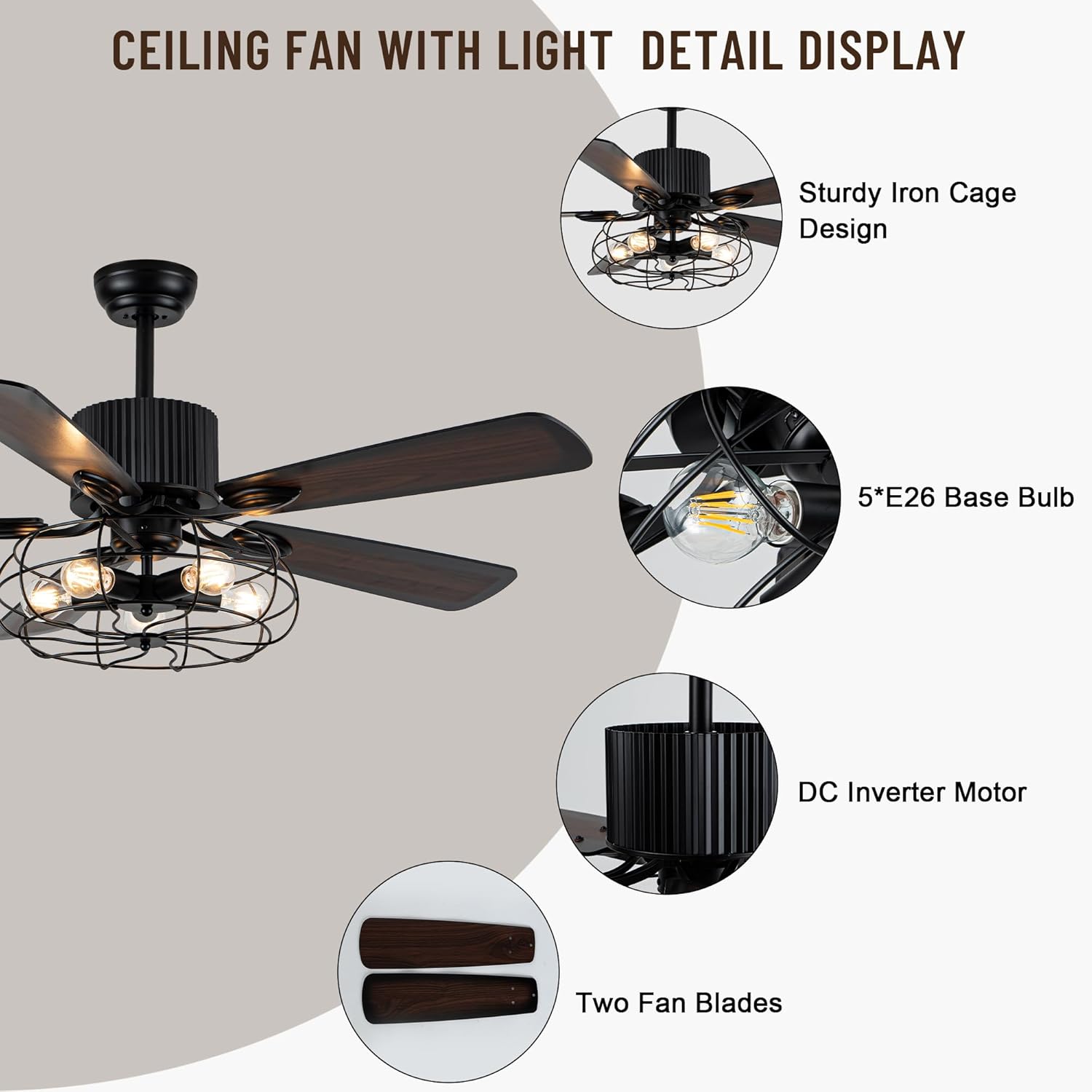 52" Farmhouse Ceiling Fans with Lights and Remote,Industrial Caged Rustic Retro Chandelier Ceiling Fan with Reversible Motor,5 Double Colour Blades for Dining Room Living Room Bedroom