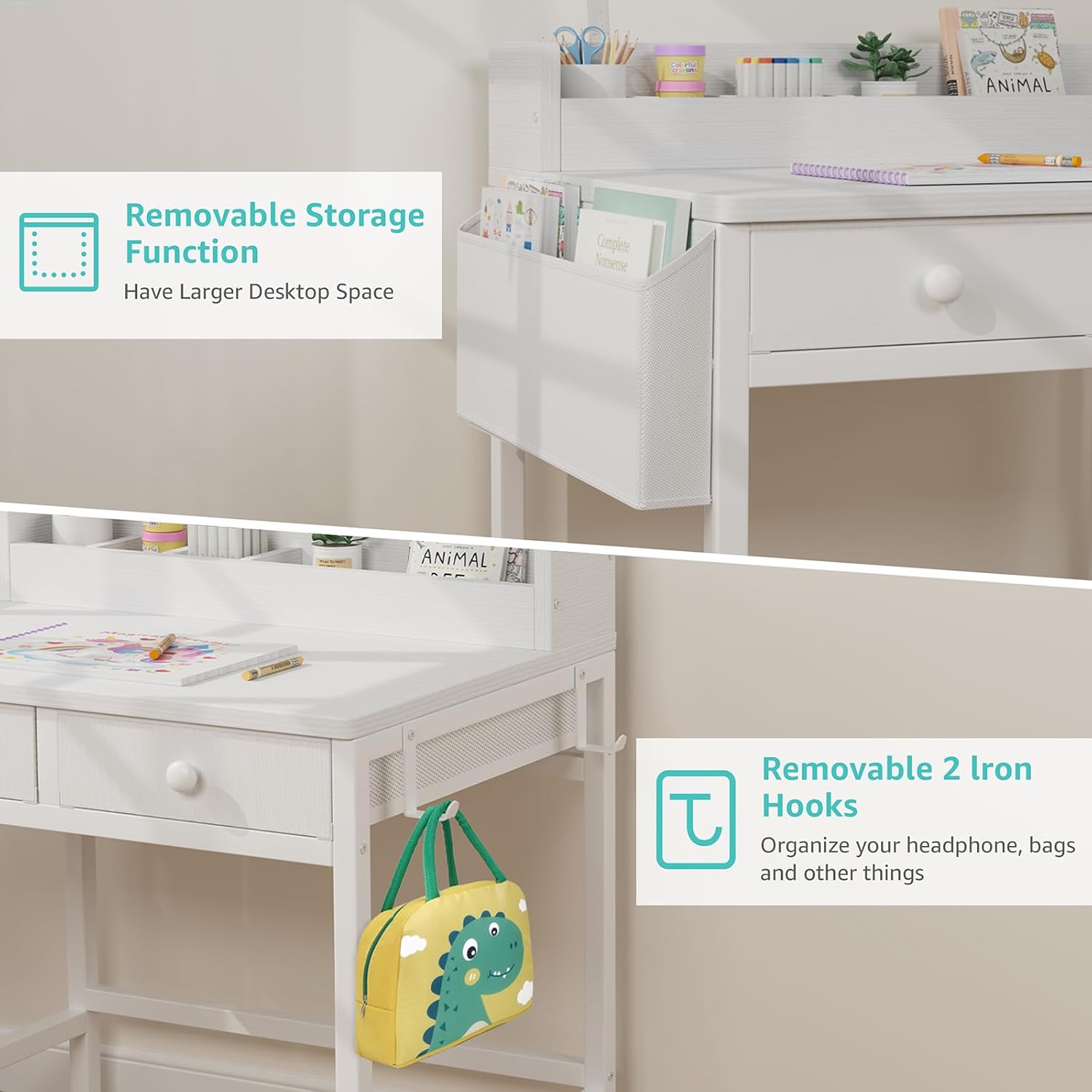 BOLUO White Kids Desk and Chair Set for 5-8 Year Old, Small Child Desk with Fabric Drawer, Children Study Table with Storage Girls Boys