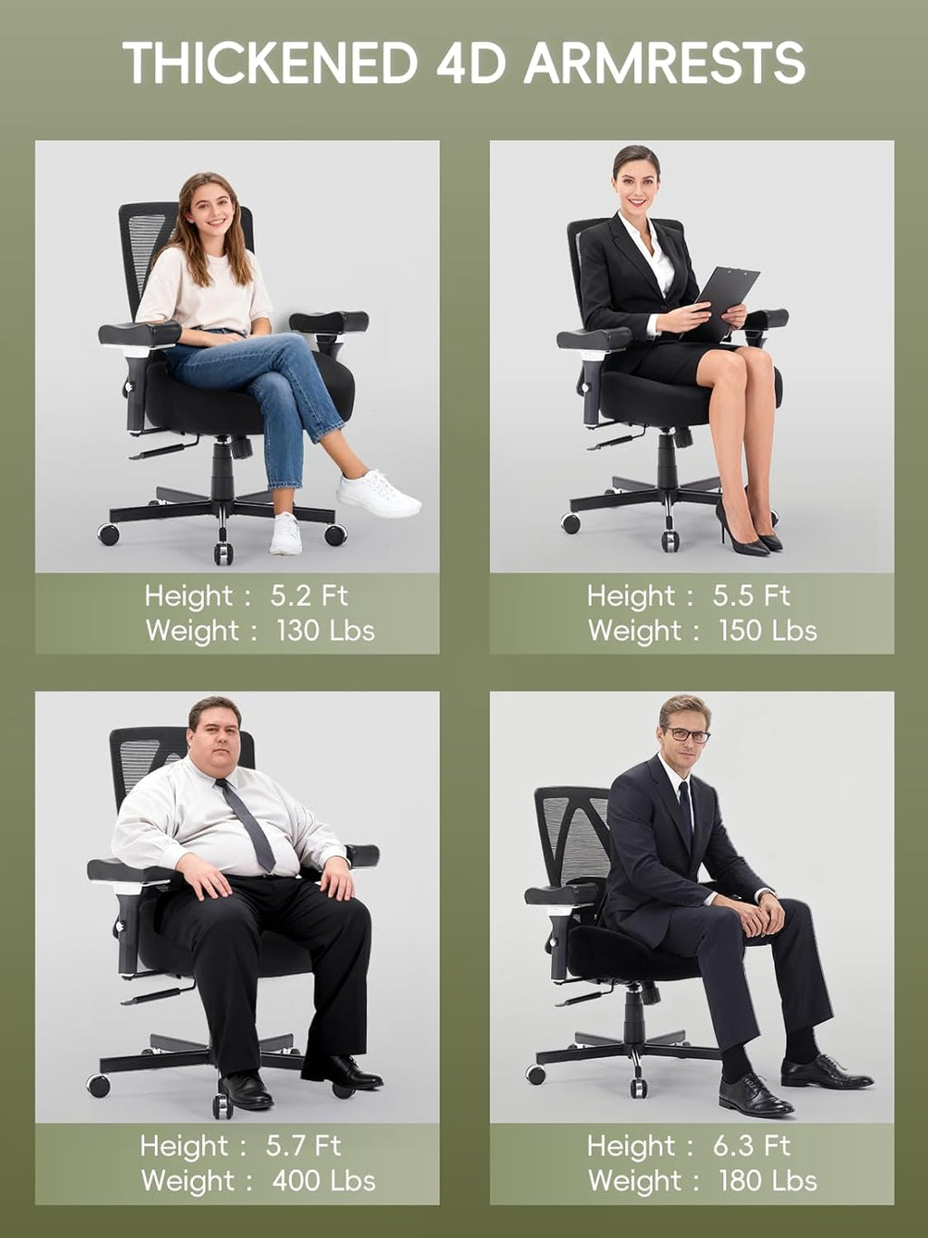 Big and Tall Office Chair 550lbs, Ergonomic Desk Chair with W-Shaped Thick Seat Cushion&4D Armrest, Executive Mesh Desk Chair with Adjustable Lumbar Support, Swivel Task Chairs for Home Office Gaming