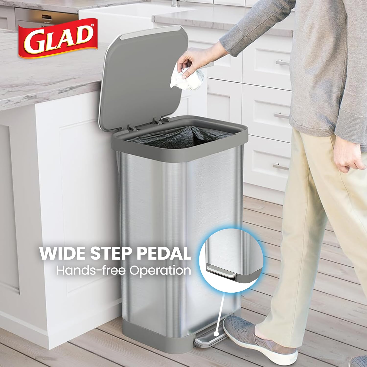 Glad Stainless Steel Step Trash Can, Series 2 with Clorox Protection - Large Metal Kitchen Garbage Bin with Soft Close Lid, Foot Pedal and Waste Bag Roll Holder, 20 Gallon