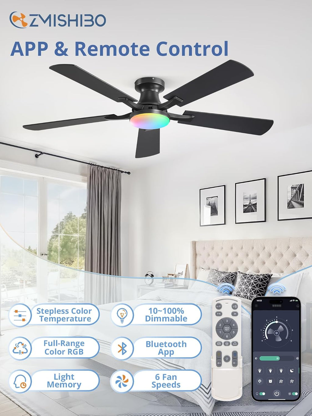 ZMISHIBO 52 Inch RGB Ceiling Fan with Light, App&Remote Control, Flush Mount Low Profile, Dimmable 20W LED Light, Quiet Reversible Motor for Bedroom, Living Room, Apartment, Black
