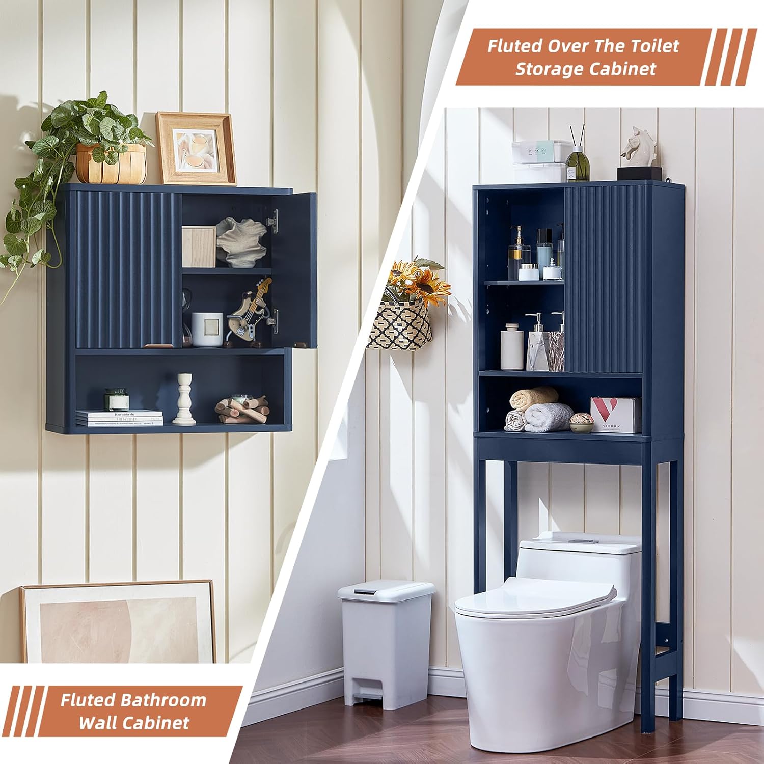 LEYAOYAO Fluted Over The Toilet Storage Cabinet & Bathroom Wall Cabinet Set of 2, Farmhouse Above Toilet Organizer, Medicine Cabinet w/Adjustable Shelf & Doors for Laundry Living Room Kitchen(Blue)