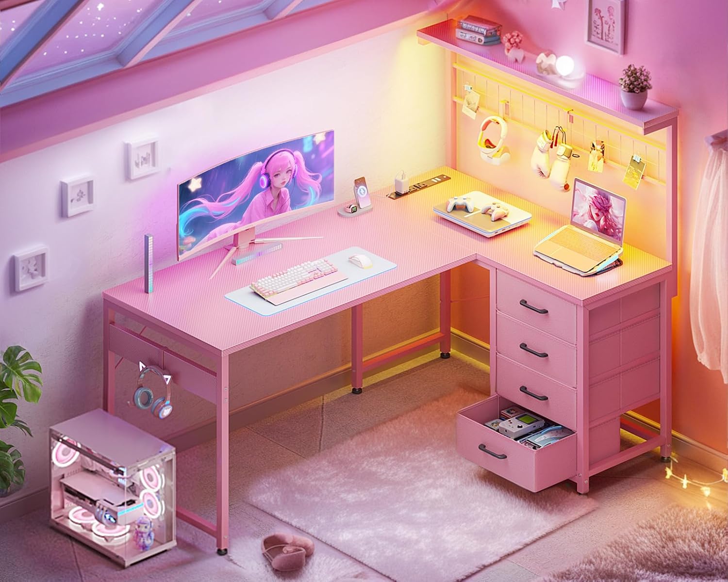 MOTPK L Shaped Gaming Desk with Drawers & LED Light & Power Outlet, 43" Reversible Computer Table with Shelves & Hooks for Home Office, Carbon Fiber Pink