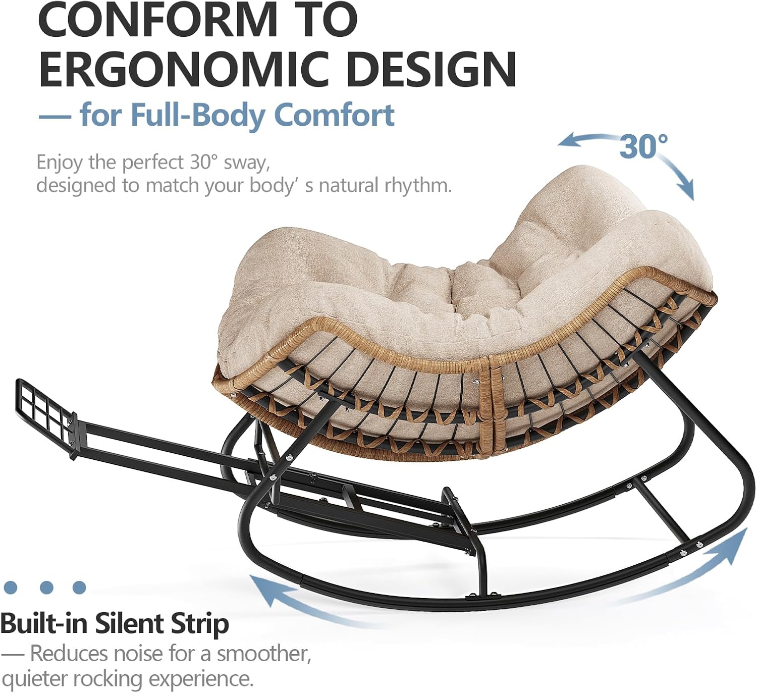 SWITTE Outdoor Rocking Chair with Footrest, Oversized Patio Papasan Rocker, Comfy Wicker Reading Lounge, Indoor Bed-Like Egg Chair for Bedroom,Balcony, Porch, Garden, Natural