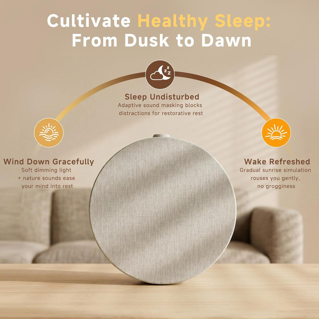 Geuuap Sunrise Alarm Clock White Noise Machine | Natural Wake-Up Light for Bedroom with 30 Soothing Sleep Aids, Bluetooth Speaker, Dimmable Clock, Screen-Free Design for Baby Adults Kids-Khaki
