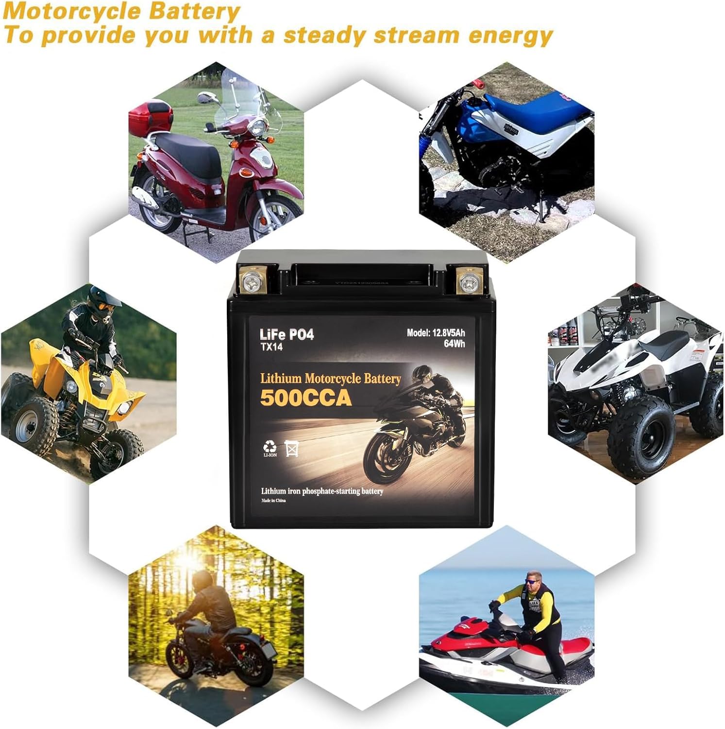 Autocessking YTX14-BS Lithium Motorcycle Battery, Group 14, 500A LiFePO4 Battery, 12V 5AH ATV, UTV, Jet Ski, 4 Wheeler, Snowmobile, Personal Watercraft, Seadoo, Polaris, Riding Lawn Mower Batteries