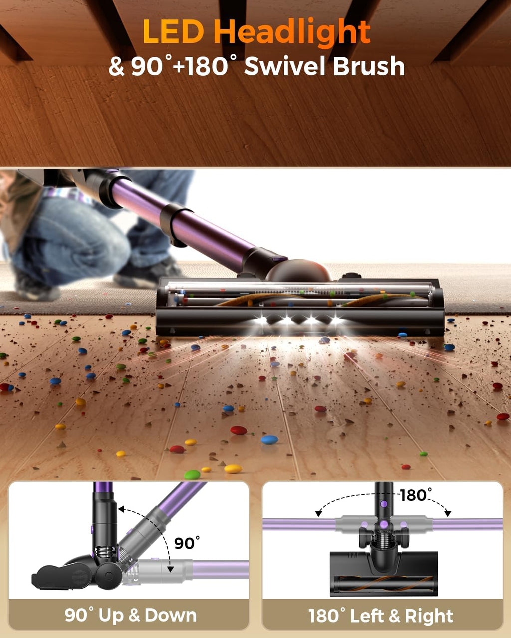 Cordless Vacuum Cleaner for Home, 580W/48KPa Powerful Suction, 65 Min Runtime, Lightweight Stick Vacuum with Touch Screen & Wall Mount, Handheld Vacuum for Pet Hair, Carpet & Hard Floors
