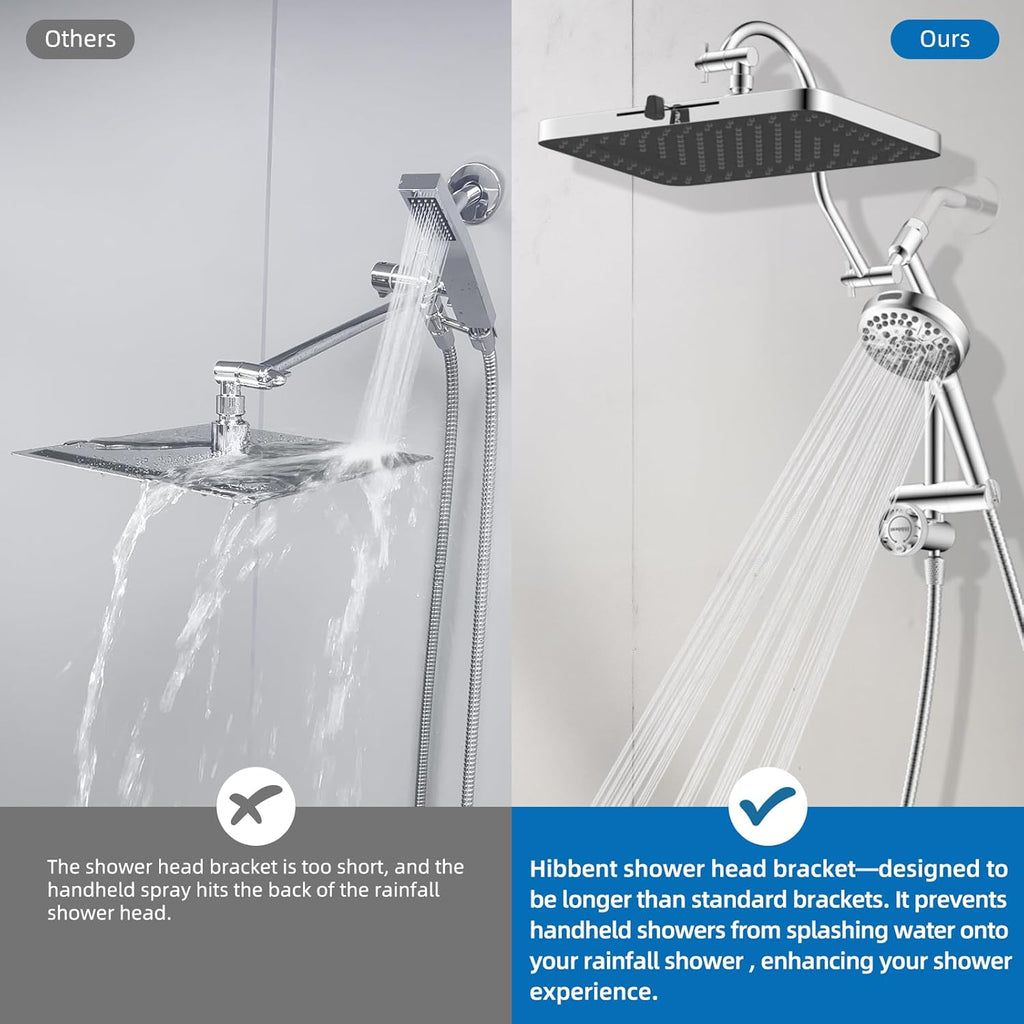 Hibbent cUPC Certified 13'' Shower Head Combo, High Pressure 5 Spray Rainfall Showerhead, 10 Spray Mode Handheld, All Metal Easy Reach 4-way Diverter Arm with Pause Mode, 71'' Hose and Holder, Chrome