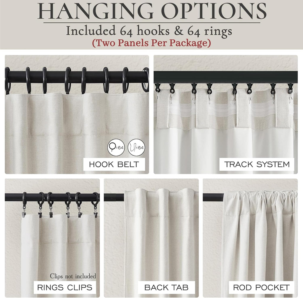 QJmydeco Curtains 100 Inch Length Wide Pleated Blackout Curtain for Sliding Glass Door/Living Room, Farmhouse Birch Linen Thick Boho Bedroom Heavy Insulated Large Window Drapes (100" Wx90 Lx2Panels)