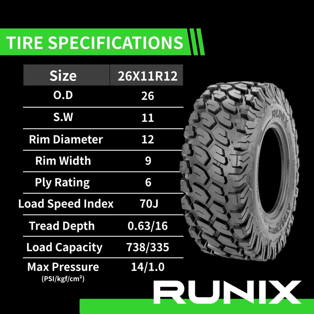 RUNIX ATV UTV Radial Tires, RUNIX TerraVance, 26X11R12, 26X11-12, Set of 2, Radial Tire, All Terrain, AT26X11R12, 6PR, Tubeless
