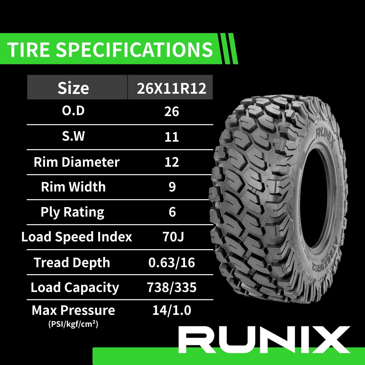 RUNIX ATV UTV Radial Tires, RUNIX TerraVance, 26X11R12, 26X11-12, Set of 2, Radial Tire, All Terrain, AT26X11R12, 6PR, Tubeless