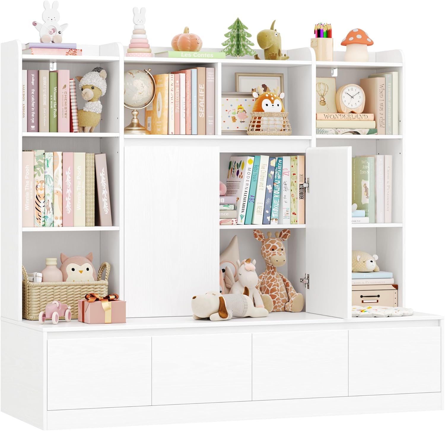 HIFIT 4-In-1 Kids Bookshelf and Toy Storage Organizer with Bench, 10-Cube Kids Bookcase with Reading Nook & 4 Sliding-Drawers & 2 Doors, Toy Chest Storage Cabinet for Playroom, Nursery,Classroom,White