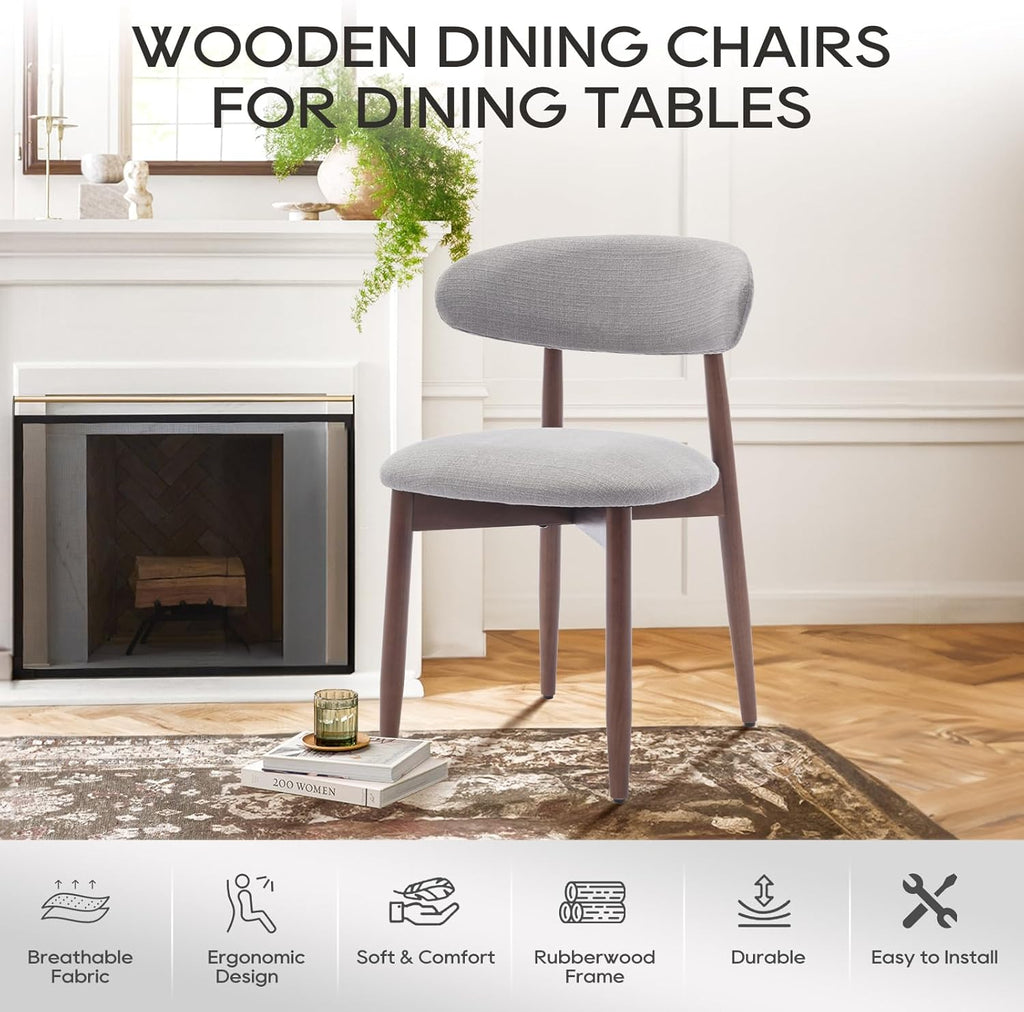 COLAMY Wooden Dining Chairs Set of 4, Modern Fabric Upholstered Dining Room Chair, Farmhouse Kitchen Chair with Foot Pegs, Light Grey