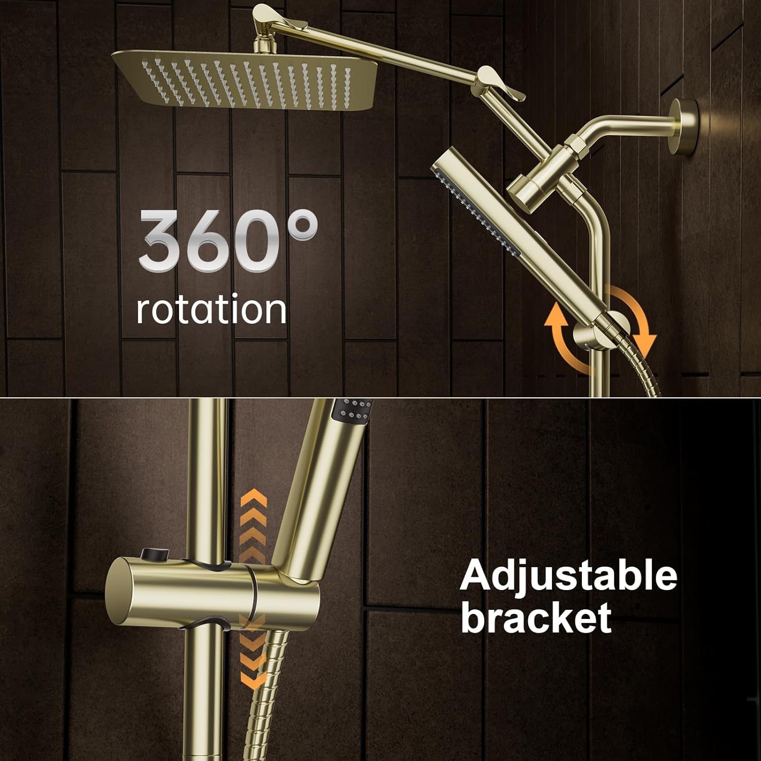 Veken All Metal 10" Brushed Gold Shower Head with Handheld, Luxurious Square Double Rain Shower Heads with Spray Combo, Dual High Pressure Detachable Rainfall Showerhead with Extension Arm, Long Hose