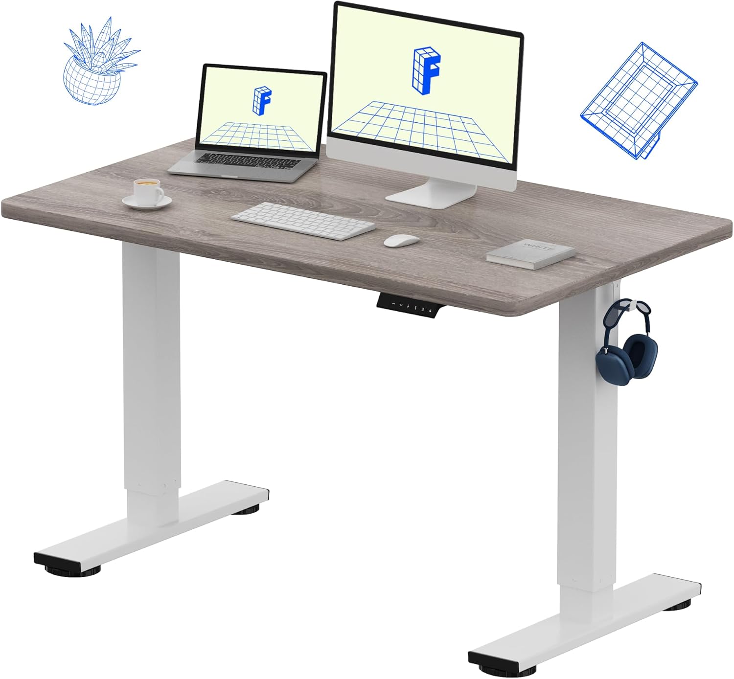 FLEXISPOT EN1 One-Piece Standing Desk with 1-Inch Thick Seamless Desktop, 48"x24" Electric Height Adjustable Desk for Home Office, Multi-Monitor Setups & Easy Assembly, Gray Wood