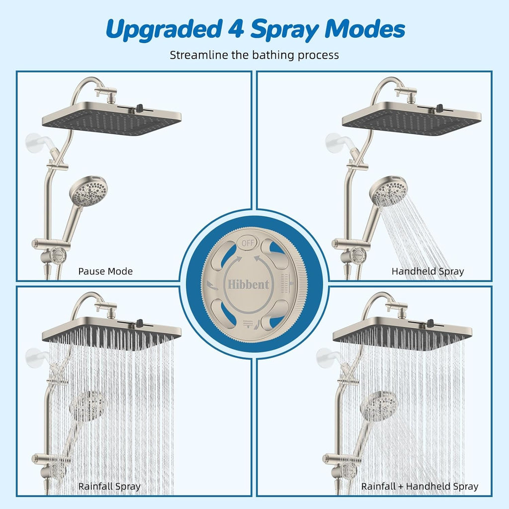 Hibbent cUPC Certified 13'' Shower Head Combo, High Pressure 5 Spray Rainfall Showerhead, 10 Spray Handheld, All Metal Easy Reach 4-way Diverter Arm with Pause Mode, 71'' Hose & Holder, Brushed Nickel