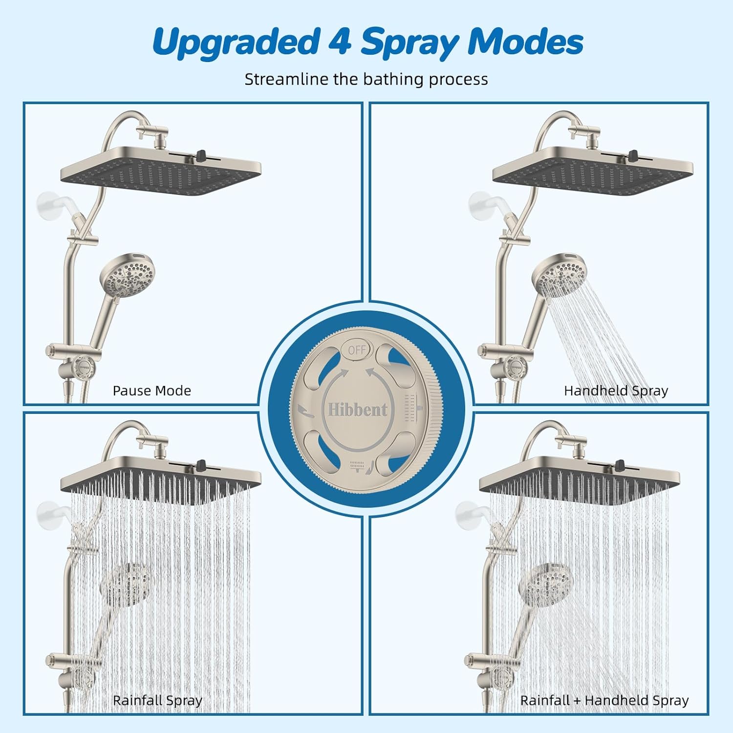 Hibbent cUPC Certified 13'' Shower Head Combo, High Pressure 5 Spray Rainfall Showerhead, 10 Spray Handheld, All Metal Easy Reach 4-way Diverter Arm with Pause Mode, 71'' Hose & Holder, Brushed Nickel