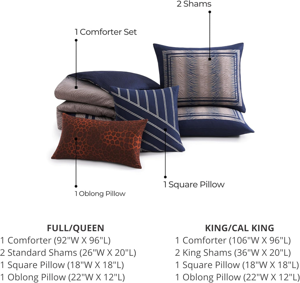 Bebejan Dark Blue Animal Prints 5 Piece Comforter Set, 100% Cotton Sateen, 220 Thread Count, Reversible Bedding Comforter Set, 1 Comforter, 2 Shams & 2 Pillows (King/Cal King)